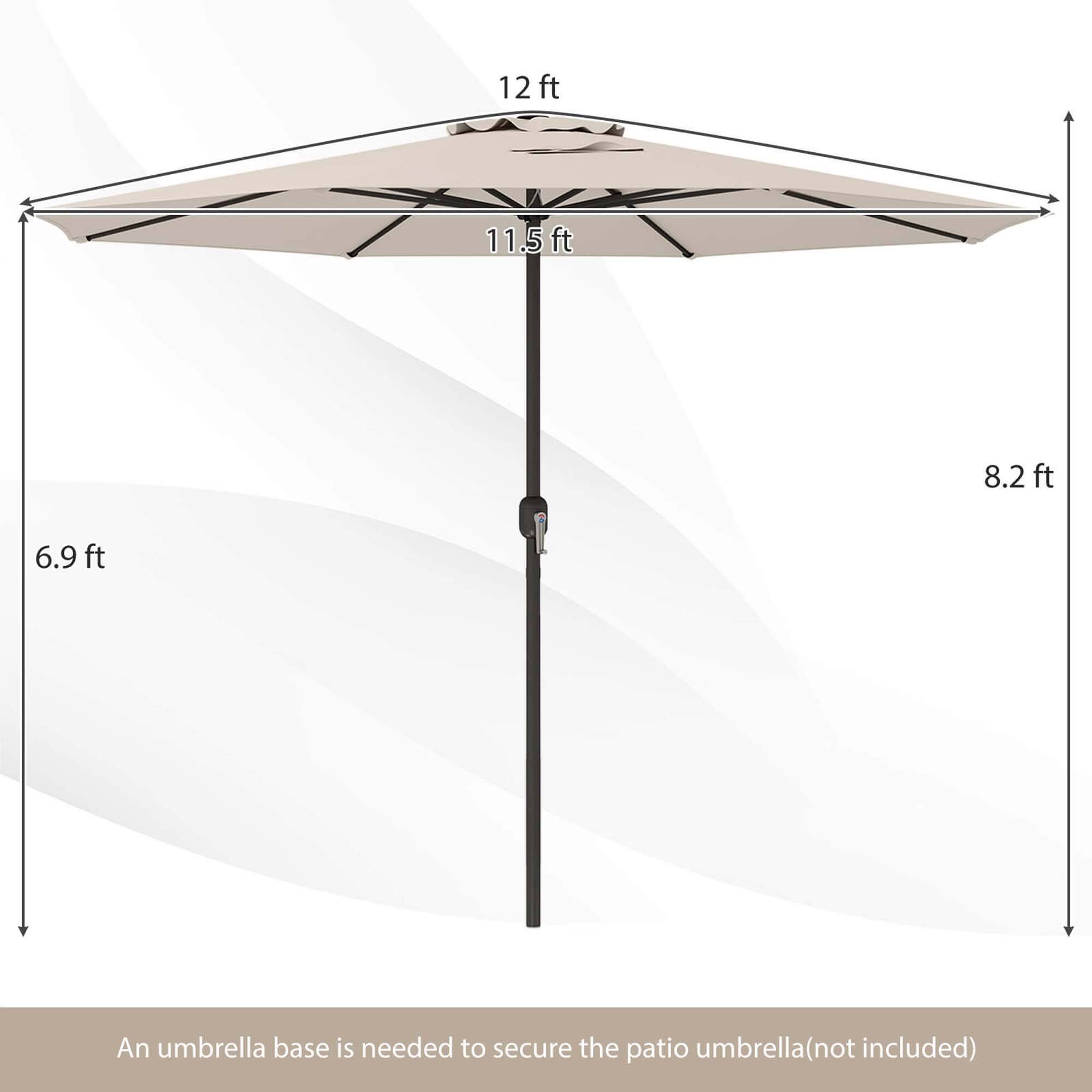 An umbrella base is needed to secure the patio umbrella (not included).
