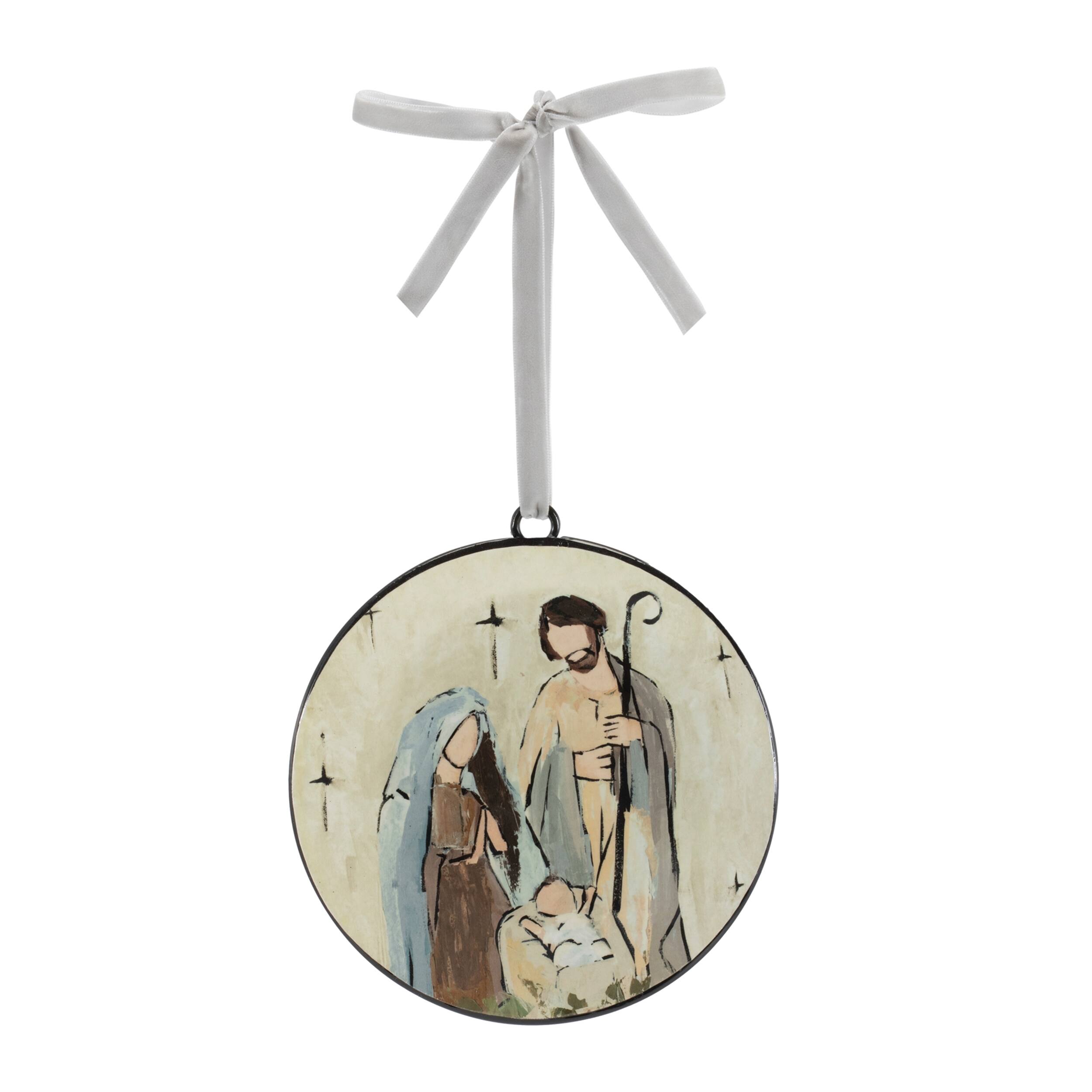 Left. BreeBe - Holy Family Disc Ornament (Set of 12) - Beige, Brown, Blue.