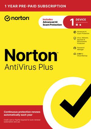 1 YEAR PRE-PAID SUBSCRIPTION norton Includes Advanced AI Scam Protection DEVICE 1 Advanced AI Scam Protection Virus, Malware, Spyware & Ransomware Protection Password Manager 2 GB PC Norton Cloud Backup AntiVirus Plus Continuous protection renews automatically each year Credit card or PayPal required for auto-renewal subscription and use.