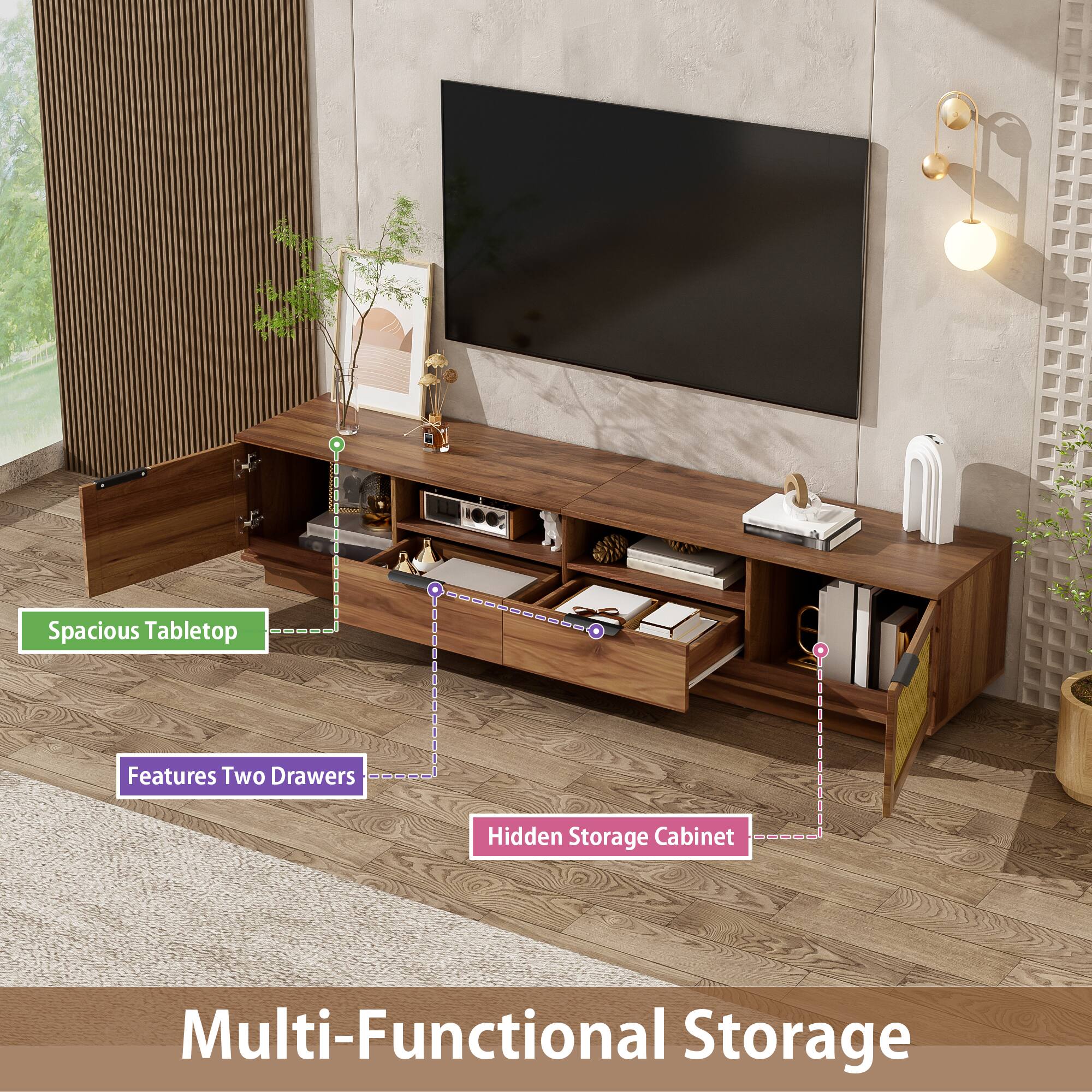 Spacious Tabletop  
Features Two Drawers  
Hidden Storage Cabinet  
Multi-Functional Storage