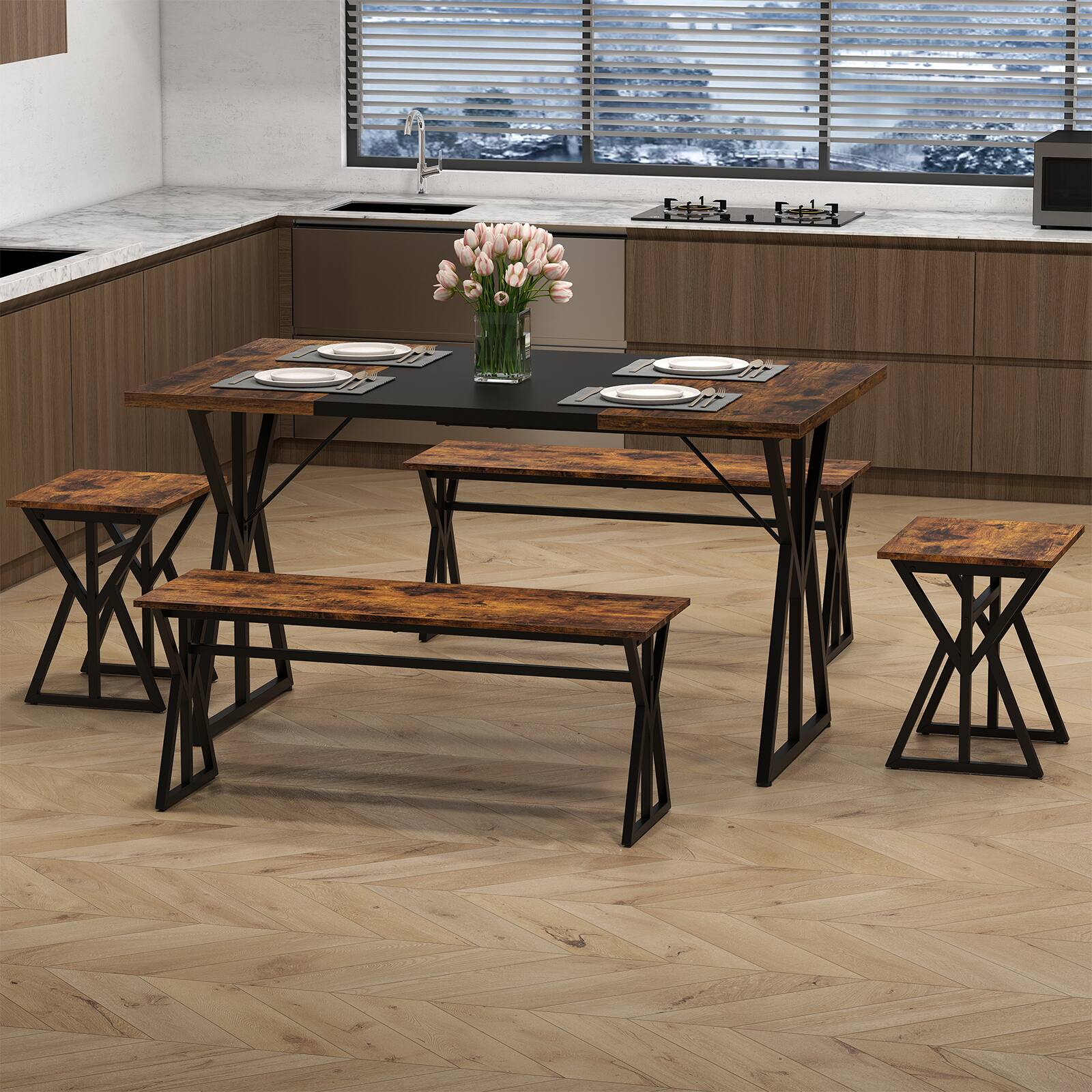 Alt View 1. Gymax - Gymax 5-Piece Dining Room Set w/ 2 Benches & 2 Stools Metal Frame for Small Room - Brown.
