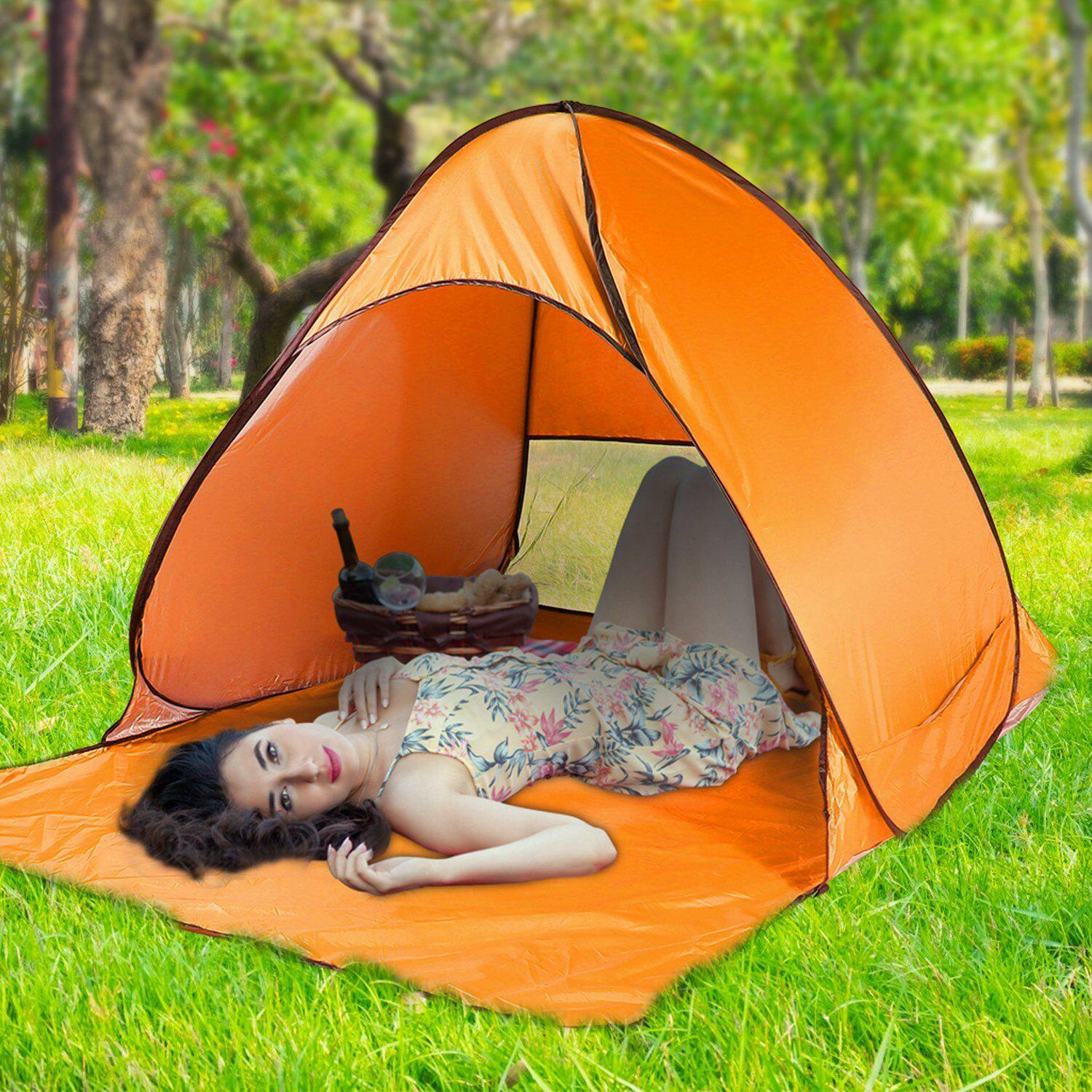 Left. Loheer - Loheer Pop Up Beach Tent Sun Shade Shelter Anti-UV Waterproof Automatic Canopy for 2-3 Man Portable Sun Shelter Orange - Orange.