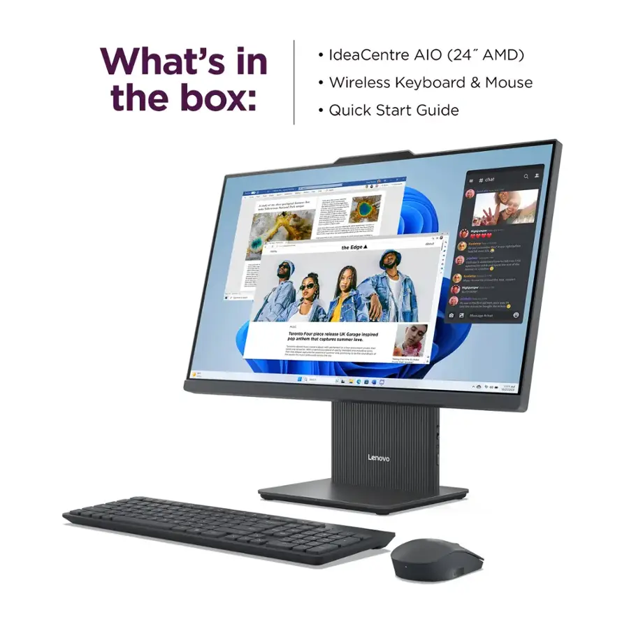 What's in the box: IdeaCentre AIO (24" AMD) Wireless Keyboard & Mouse Quick Start Guide - chat | - -- 1 - i e - - : - I : the Edge a - - UU I - - : - I  - - - - : | - - - I I 7 - i - - I Tamonta F  - - darage imsprined - - - Cmtume tummer - I I | | : I / I I Lenovo