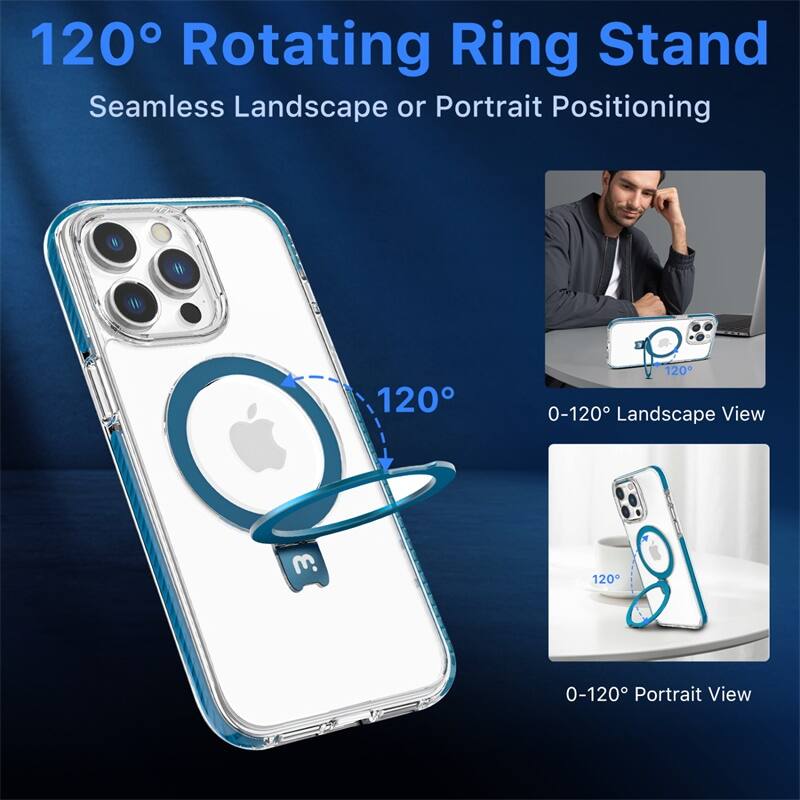 120° Rotating Ring Stand, Seamless Landscape or Portrait Positioning, 0-120° Landscape View, 0-120° Portrait View