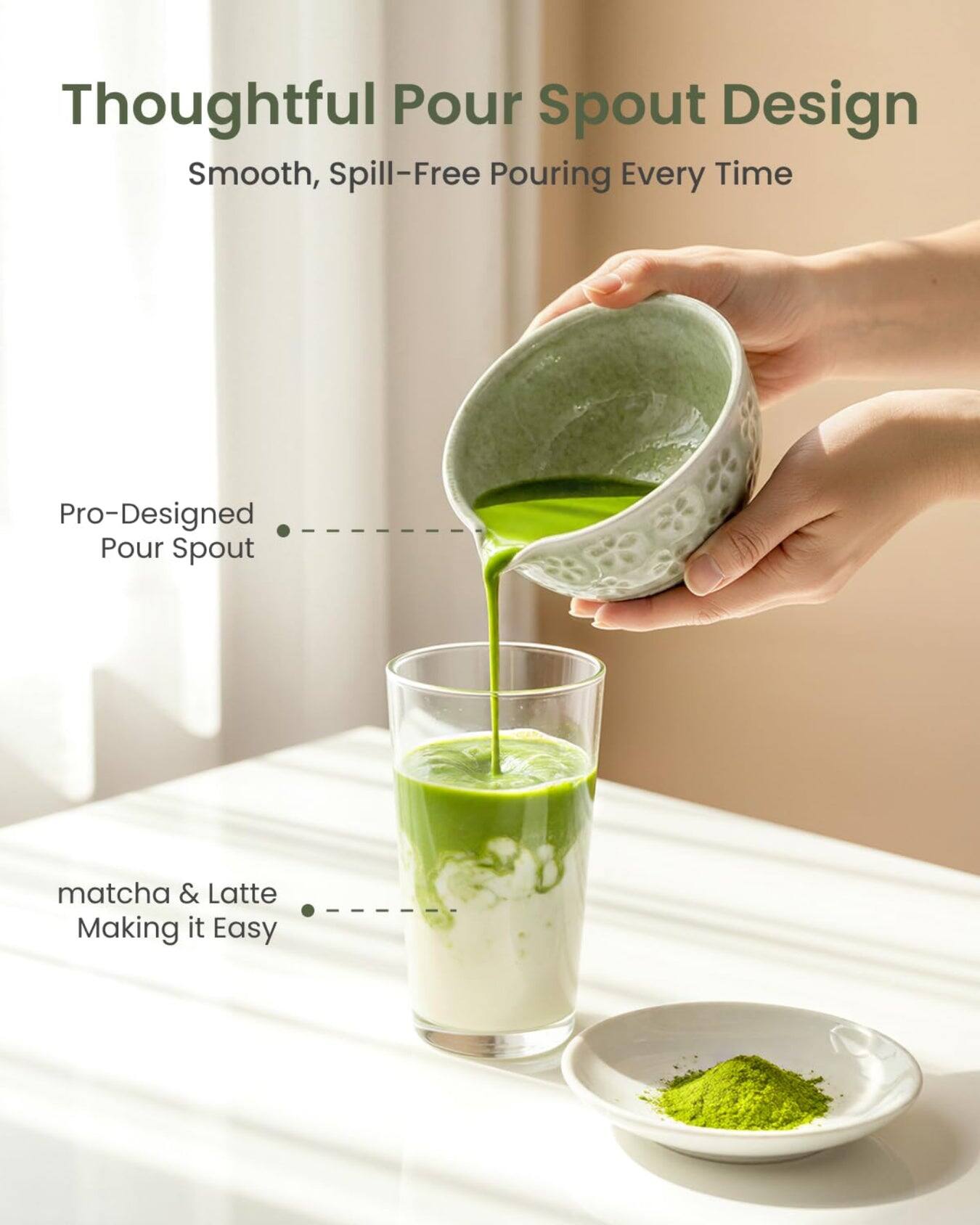 Thoughtful Pour Spout Design  
Smooth, Spill-Free Pouring Every Time  

Pro-Designed Pour Spout  

matcha & Latte  
Making it Easy
