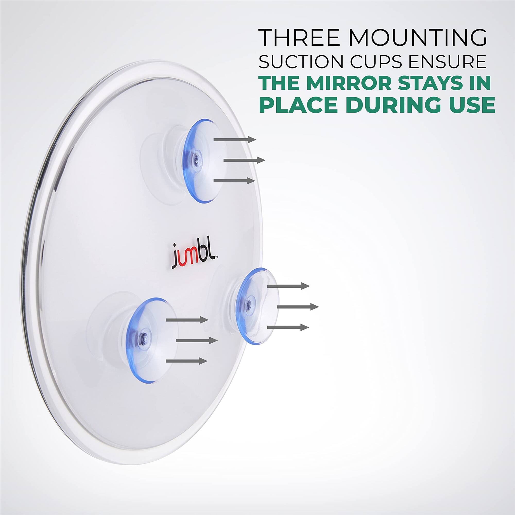 THREE MOUNTING SUCTION CUPS ENSURE THE MIRROR STAYS IN PLACE DURING USE jumbl.