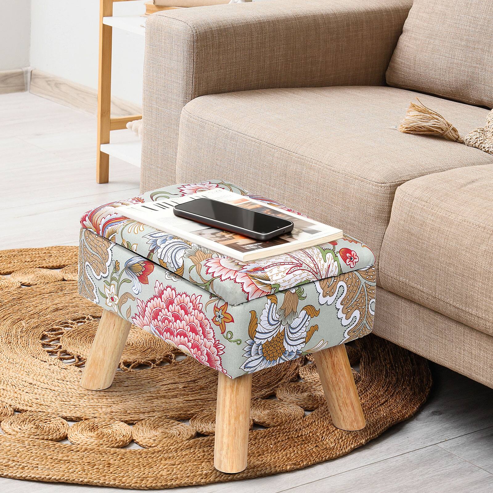 Alt View 3. Oumilen - Square Floral Fabric Storage Ottoman Foot Stool with Wooden Legs - Flower.