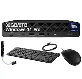 HP - Upgraded - ProDesk 4 Mini G1i Desktop (Ultra 5-235T, 32GB, 2TB SSD, Built-In AI NPU, Dual DP, WiFi 6E, BT 5.3, Win11Pro) w/USB Hub - Black