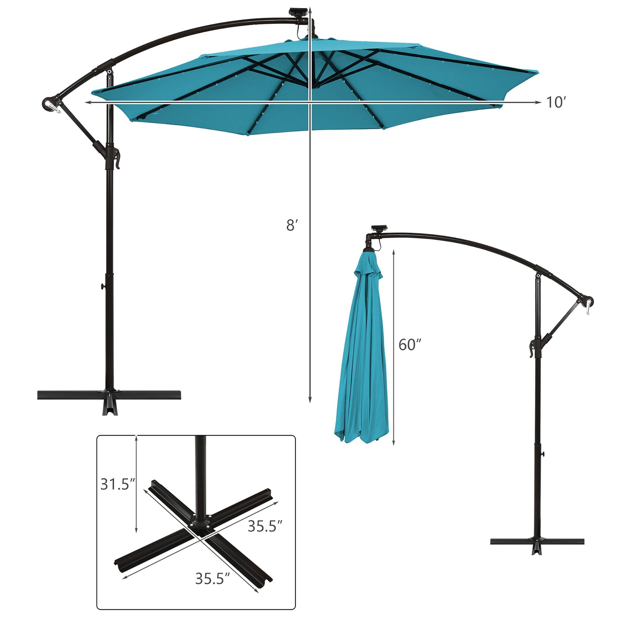 The text on the image reads: 10' 8' 60" 31.5" 35.5" 35.5". This information is likely related to the dimensions of the umbrella, including its height, width, and the size of the canopy.