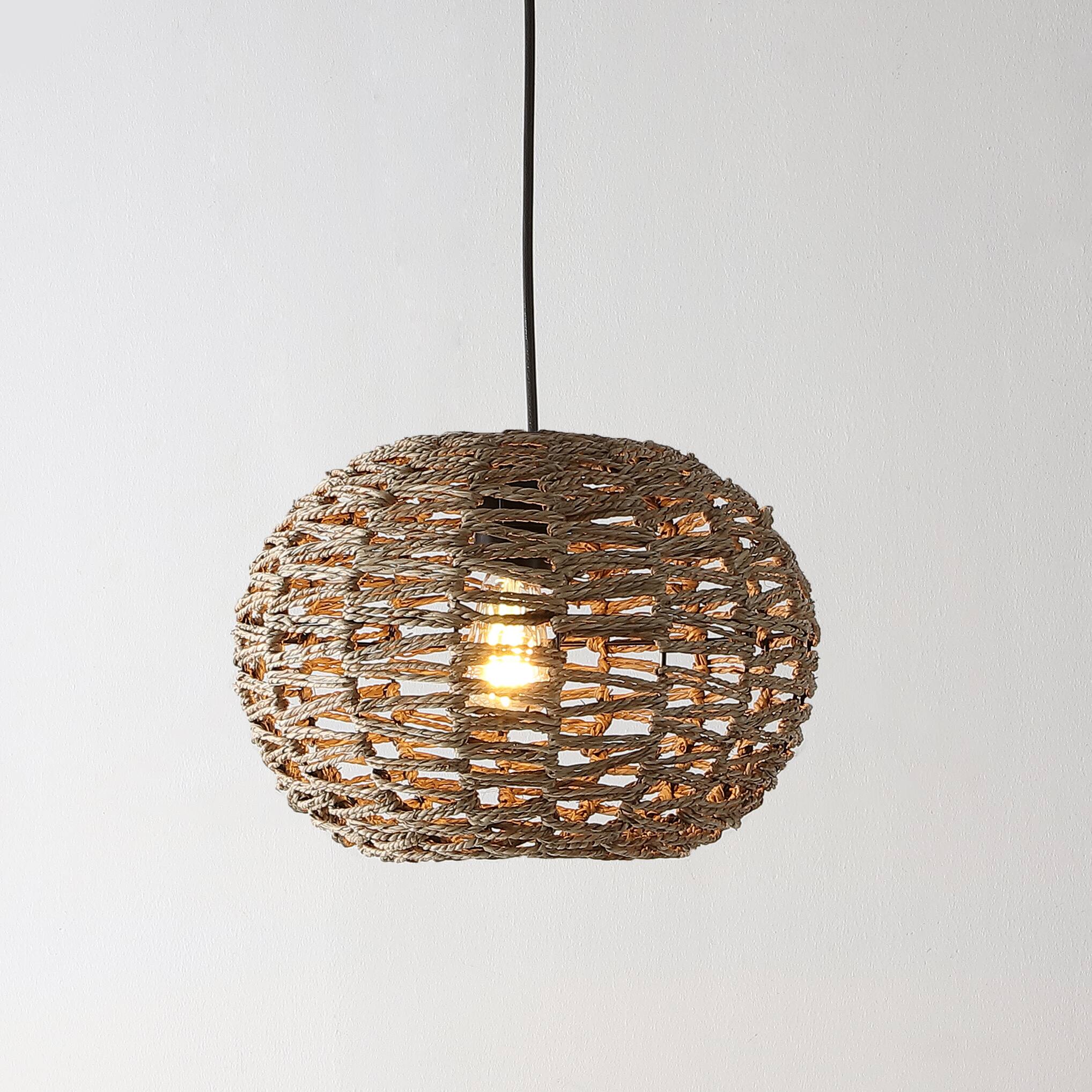 Alt View 1. Jonathan Y - Isla 14" 1-Light Farmhouse Coastal Rattan 180" Cord Plug-In or Hardwired LED Pendant, Brown - Brown.