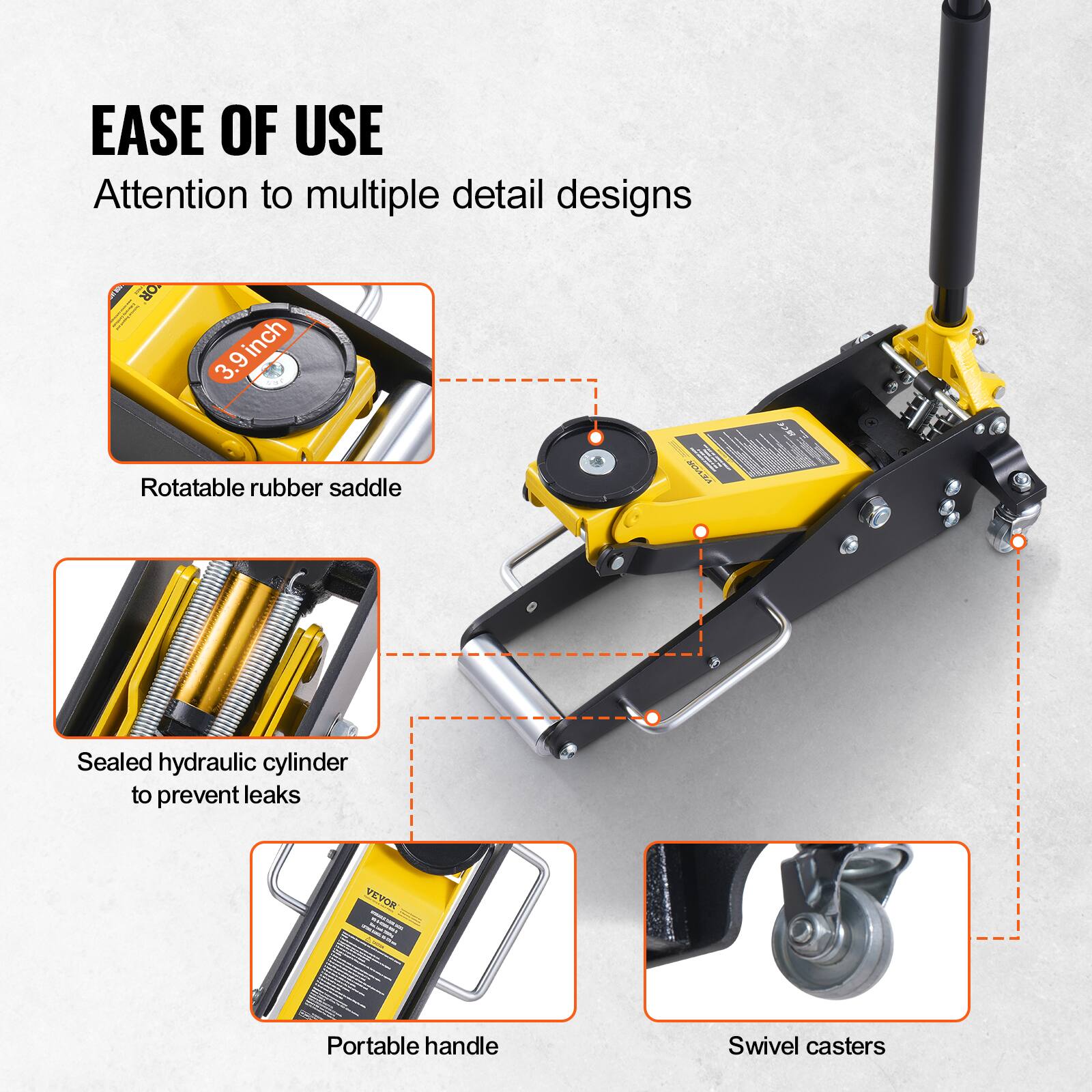 EASE OF USE  
Attention to multiple detail designs

- 3.9 inch Rotatable rubber saddle
- Sealed hydraulic cylinder to prevent leaks
- Portable handle
- Swivel casters