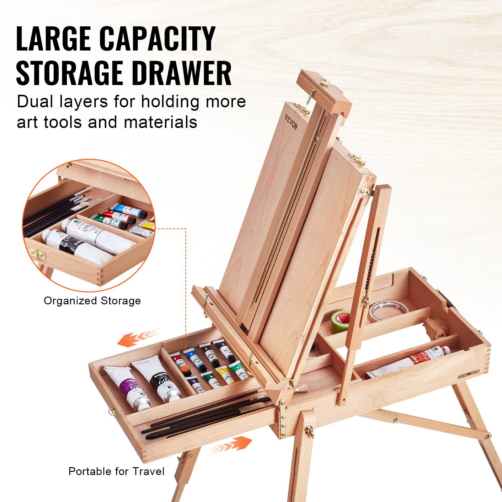 LARGE CAPACITY STORAGE DRAWER  
Dual layers for holding more art tools and materials  

Organized Storage  

Portable for Travel