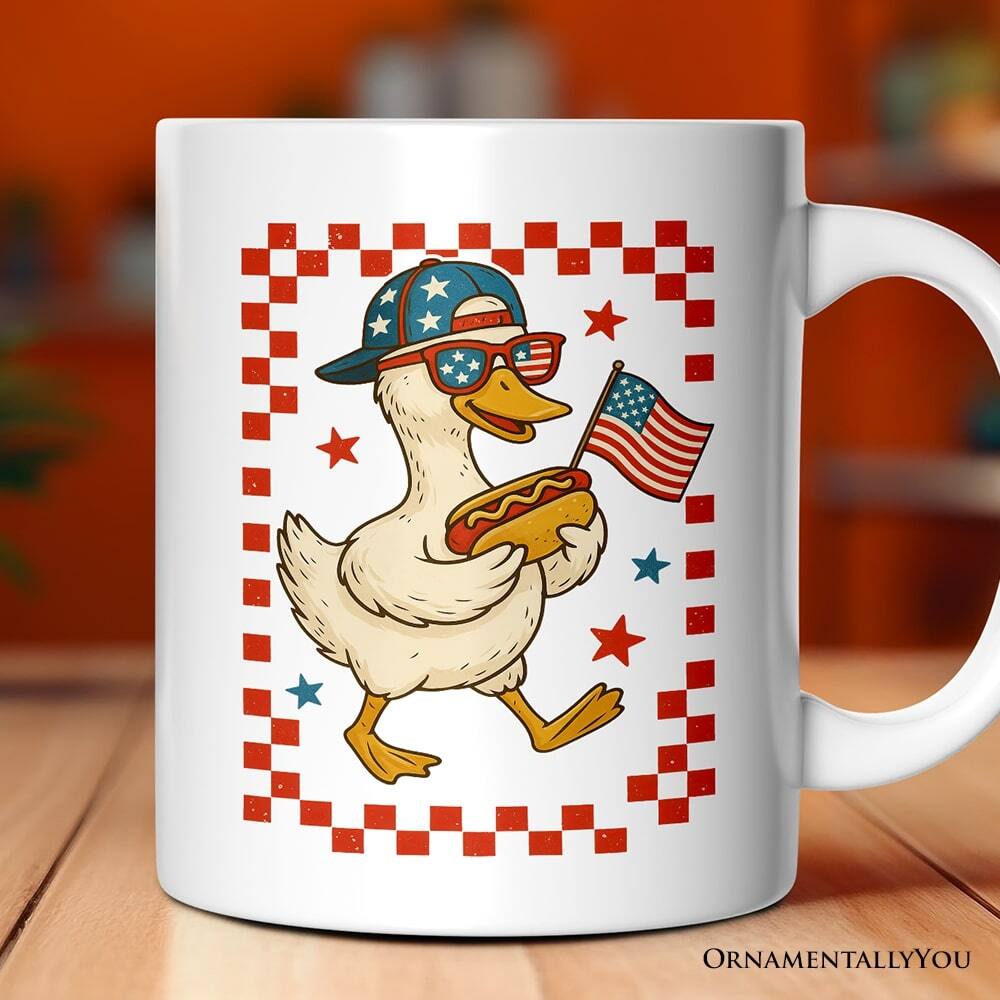 Back. OrnamentallyYou - 4th of July Patriotic Duck Mug, Funny Independence Day Gift - White.