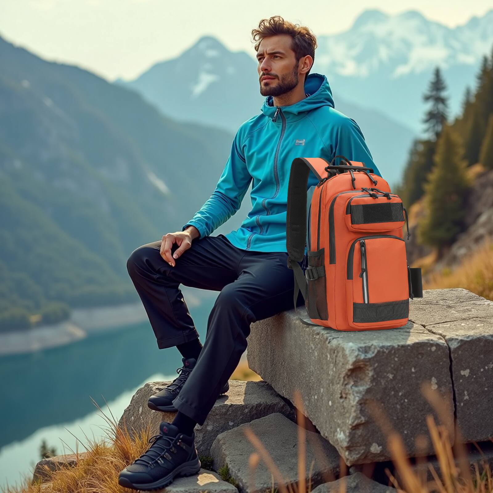 Alt View 5. Unique Bargains - 35L Fishing Backpack with Rod Holder Waterproof Tackle Backpack Sling Crossbody Fishing Bag for Fishing Camping Hiking - Orange.