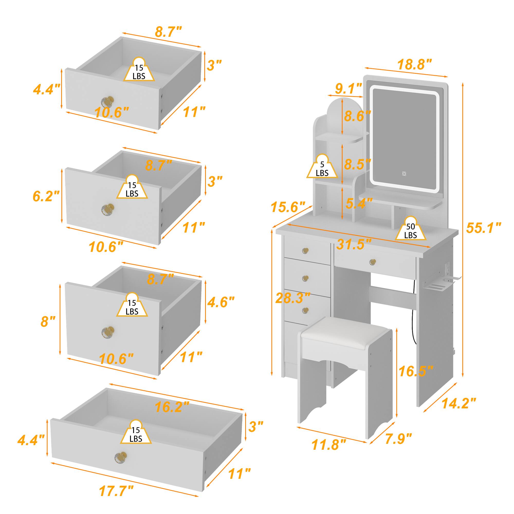 Here is the corrected and grouped text based on the image:

**Dimensions of the desk:**
- Height: 55.1"
- Width: 31.5"
- Depth: 15.6"
- Drawer Height: 5.4"
- Drawer Width: 8.5"
- Drawer Depth: 8.6"
- Shelf Height: 9.1"
- Shelf Width: 18.8"
- Seat Height: 16.5"
- Seat Depth: 11.8"
- Seat Width: 7.9"
- Overall Depth: 14.2"
- Overall Width: 28.3"

**Dimensions of the sink:**
- Sink Height: 8.7"
- Sink Width: 11"
- Sink Depth: 10.6"
- Sink Bowl Height: 4.4"
- Sink Bowl Width: 8.7"
- Sink Bowl Depth: 3"
- Sink Bowl Height: 6.2"
- Sink Bowl Width: 8.7"
- Sink Bowl Depth: 3"
- Sink Bowl Height: 4.6"
- Sink Bowl Width: 17.7"
- Sink Bowl Depth: 3"

**Weight Capacity:**
- 50 LBS
- 15 LBS
- 15 LBS
- 15 LBS
- 15 LBS
- 50 LBS
- 5 LBS