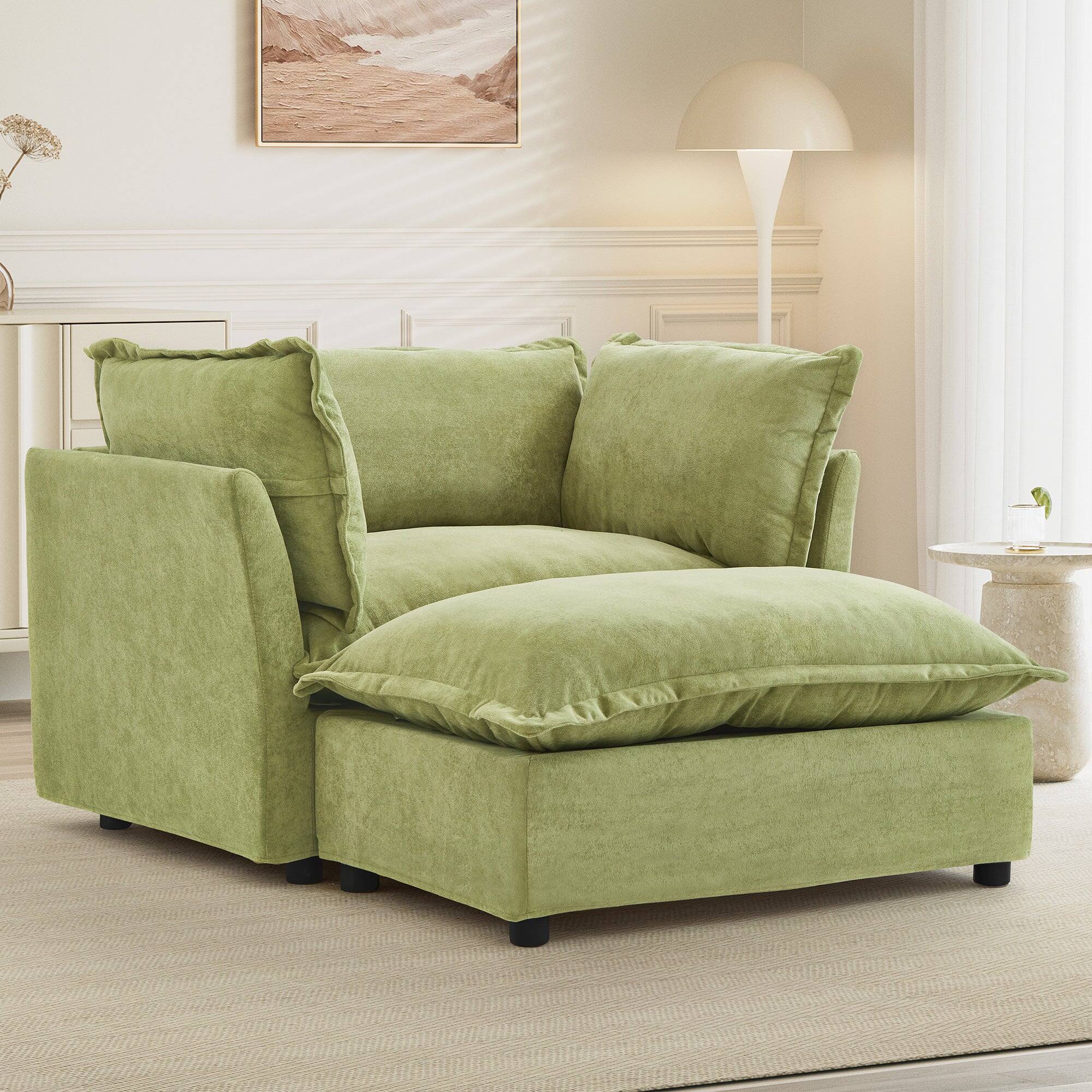 Alt View 7. Boyel Living - 47 inch Cozy Upholstered Sofa Chair with Movable Ottoman Wide Seat Curved Armrests and Soft Pillows in Green - Green.