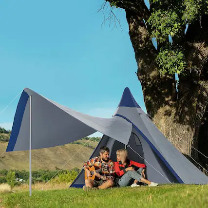 Front. Resenkos - 15.4'x15.4'x8.5' Waterproof Teepee Camping Tent, with Porch Area, Floor and Carry Bag, for Outdoor Hiking, Blue - Blue.