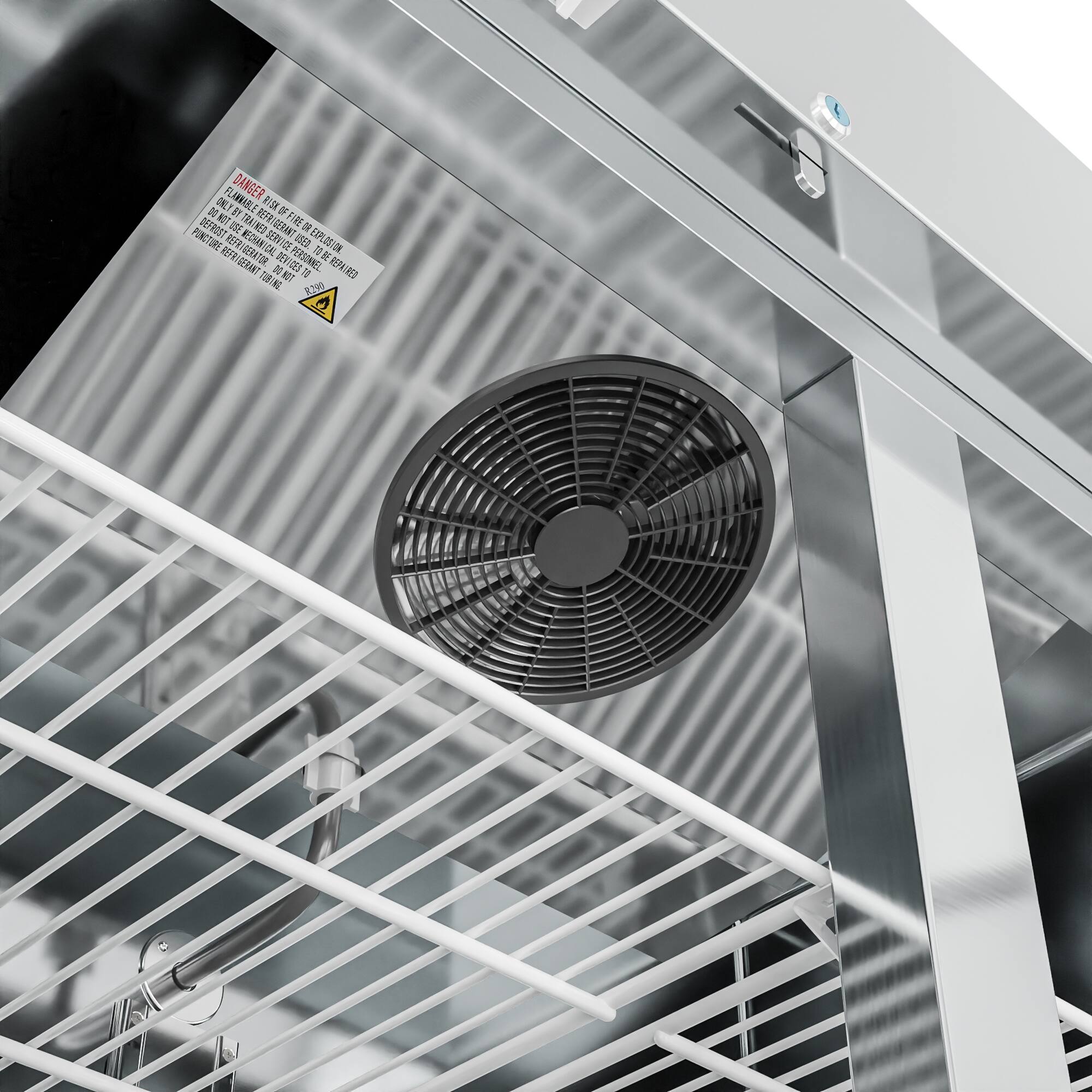 Flammable danger. Do not use near heat sources or open flames. Fire extinguisher required. Puncture-resistant container. Refrigerator temperature must be maintained at or below 40°F. Do not store explosive or flammable materials. Personnel must be trained in proper operation and maintenance.