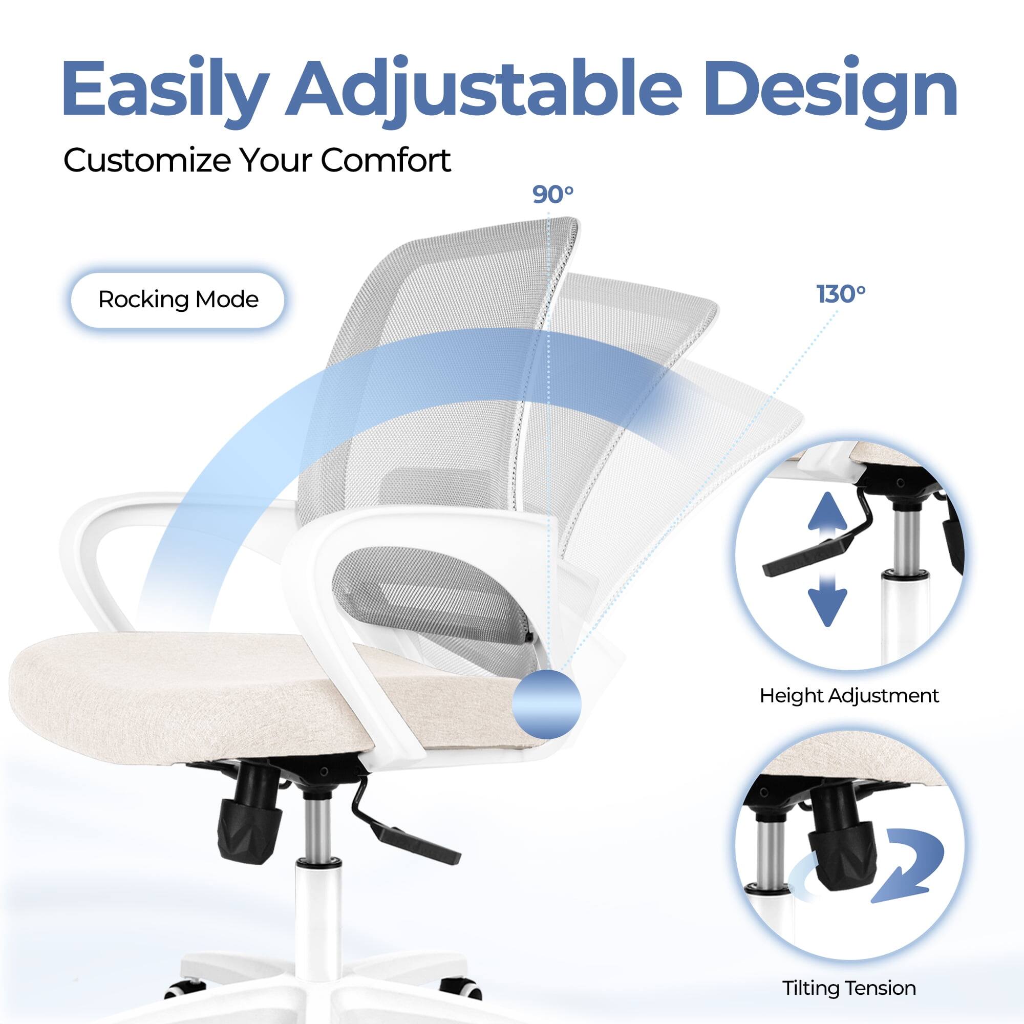 Easily Adjustable Design  
Customize Your Comfort  

- Rocking Mode  
- 90°  
- 130°  
- Height Adjustment  
- Tilting Tension