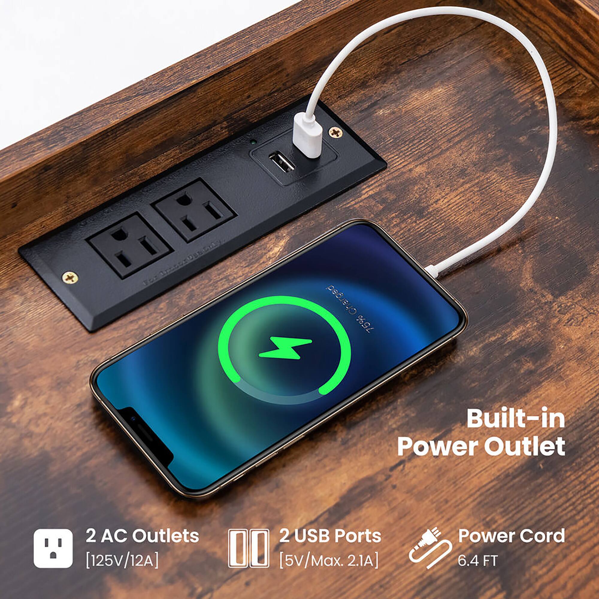 The corrected text from the image is:

- Built-in Power Outlet
- 2 AC Outlets [125V/12A]
- 2 USB Ports [5V/Max. 2.1A]
- Power Cord 6.4 FT