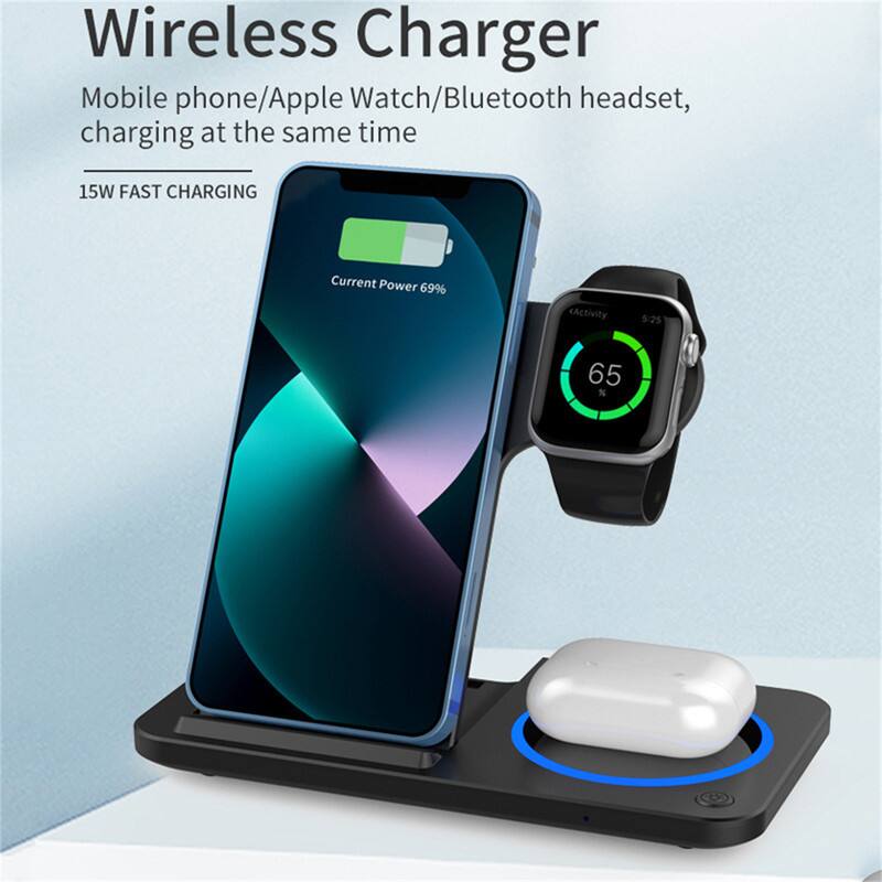 Wireless Charger  
Mobile phone/Apple Watch/Bluetooth headset, charging at the same time  

15W FAST CHARGING  

Current Power 69%  

Activity 5:25 65%