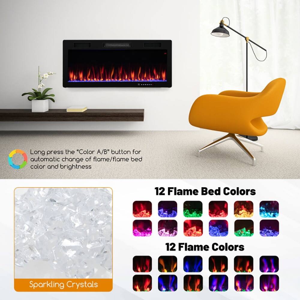 Long press the "Color A/B" button for automatic change of flame/flame bed color and brightness

12 Flame Bed Colors

12 Flame Colors

Sparkling Crystals