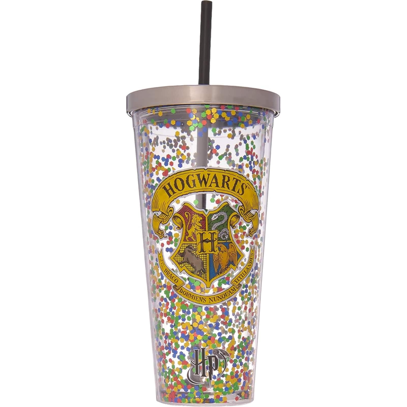 Spoontiques - Harry Potter Hogwarts Double Walled Insulated Acrylic Tumbler Glitter Cup with Straw 20 ounce - Multicolor