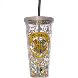 Spoontiques - Harry Potter Hogwarts Double Walled Insulated Acrylic Tumbler Glitter Cup with Straw 20 ounce - Multicolor