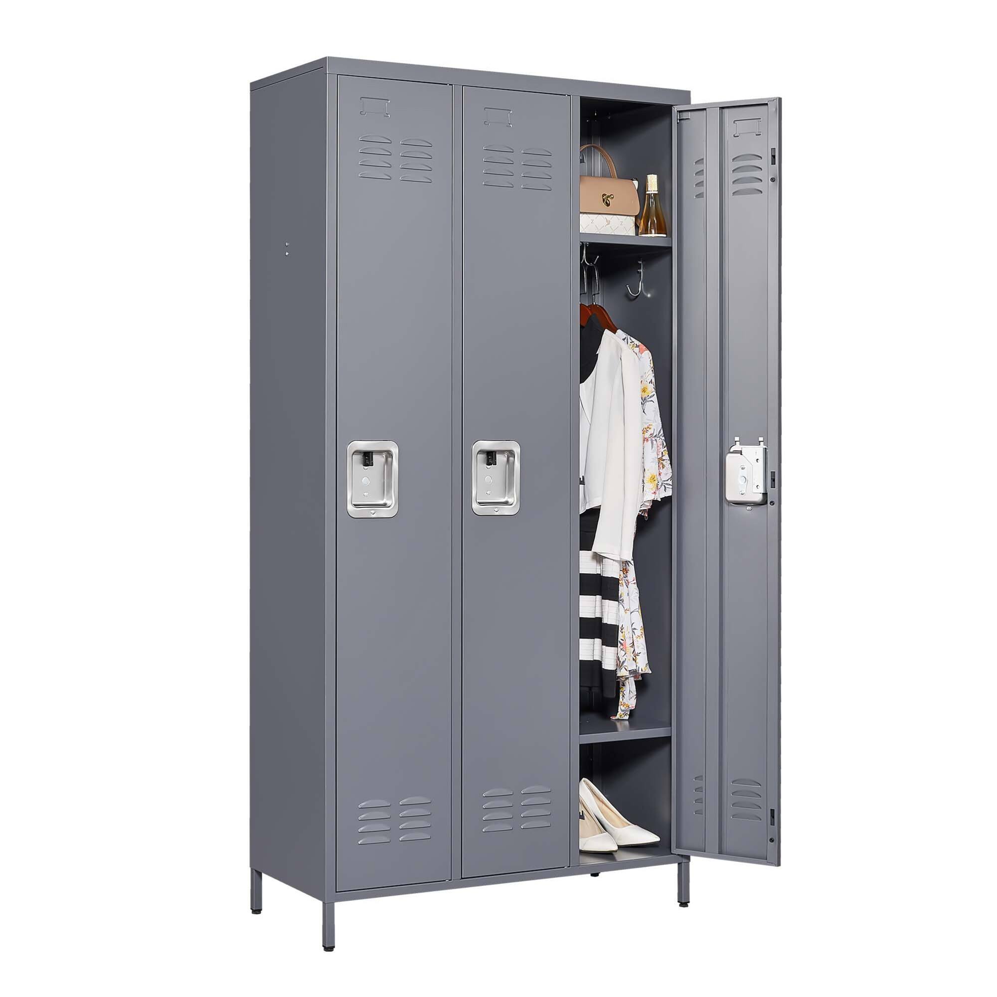 Angle. GOODSILO - Three-Door Steel Storage Locker Cabinet for Secure Organization in Home Gym Office or Garage - Gray.