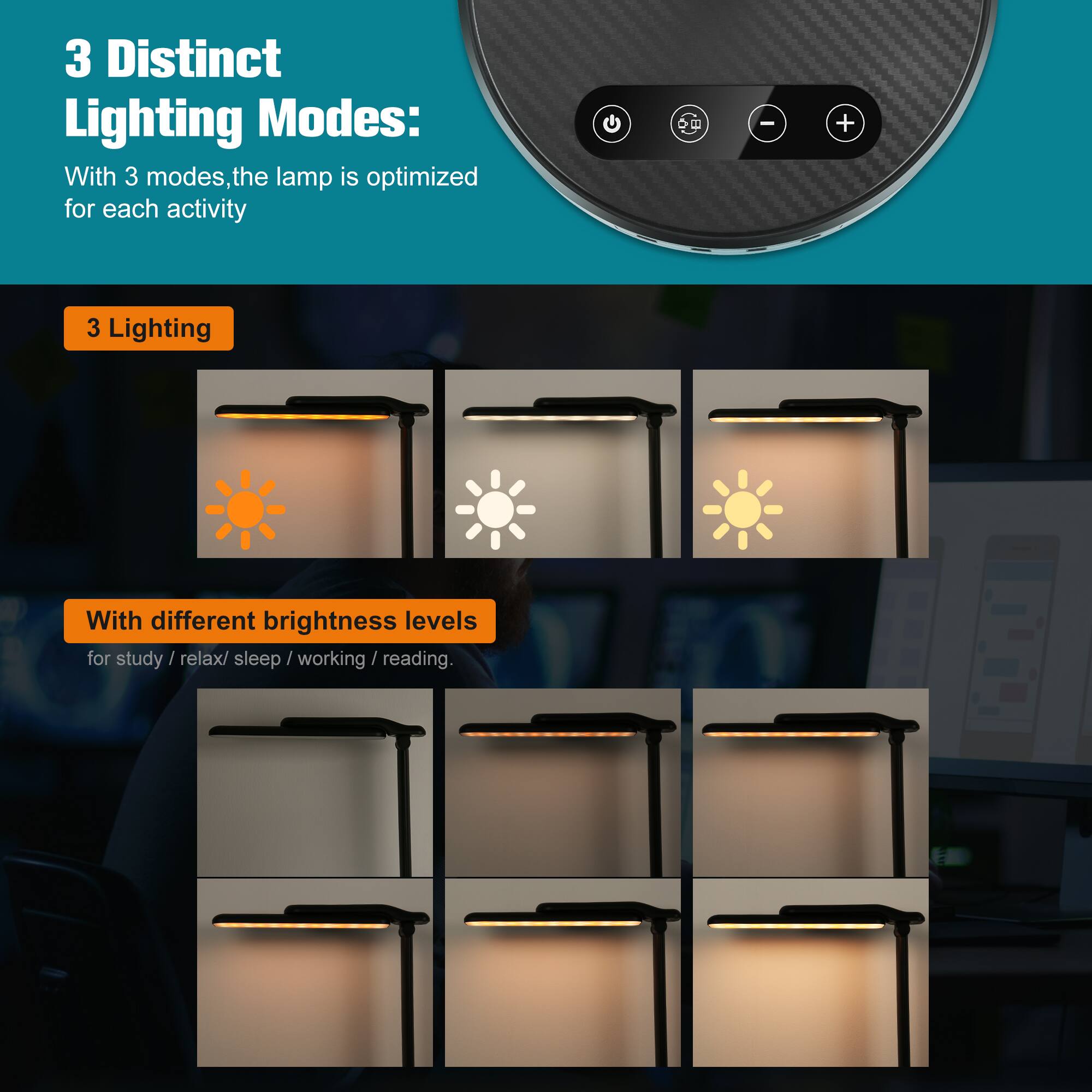 3 Distinct Lighting Modes: With 3 modes, the lamp is optimized for each activity. 3 Lighting With different brightness levels for study / relax/ sleep / working / reading.