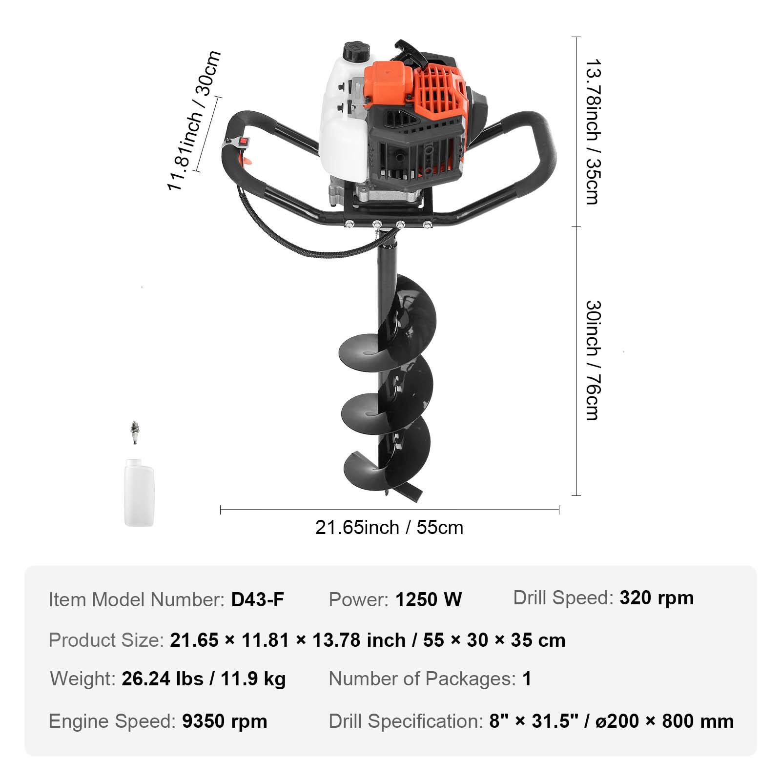 - Item Model Number: D43-F
- Power: 1250 W
- Drill Speed: 320 rpm
- Product Size: 21.65 x 11.81 x 13.78 inch / 55 x 30 x 35 cm
- Weight: 26.24 lbs / 11.9 kg
- Number of Packages: 1
- Engine Speed: 9350 rpm
- Drill Specification: 8" x 31.5" / 200 x 800 mm

Dimensions:
- 11.81 inch / 30 cm
- 13.78 inch / 35 cm
- 21.65 inch / 55 cm
- 30 inch / 76 cm