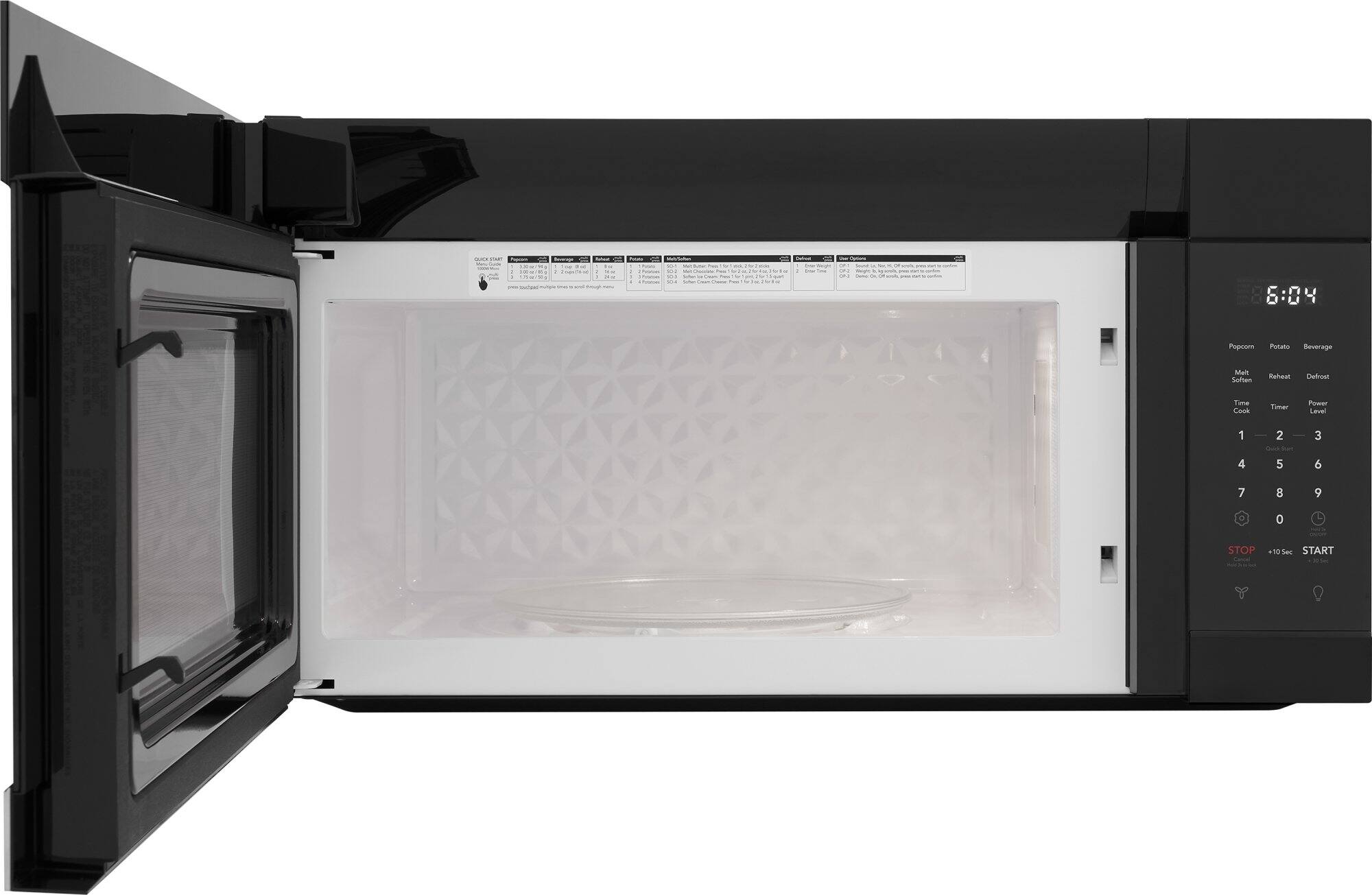 The text on the image reads:

1. 6:04 Popcom Potato Revenue Mun Softes Reheat Defrost Tane Cook T Powar Level 1 4 2 s - 5 3 6 7 8 9 0 STOP - 5 3 START

This text is likely a description of the microwave's features and functions. It may include information about the microwave's power level, defrosting and reheating capabilities, and the time displayed on the screen. The text also indicates that the microwave is a Popcom brand and has a potato revenue function.