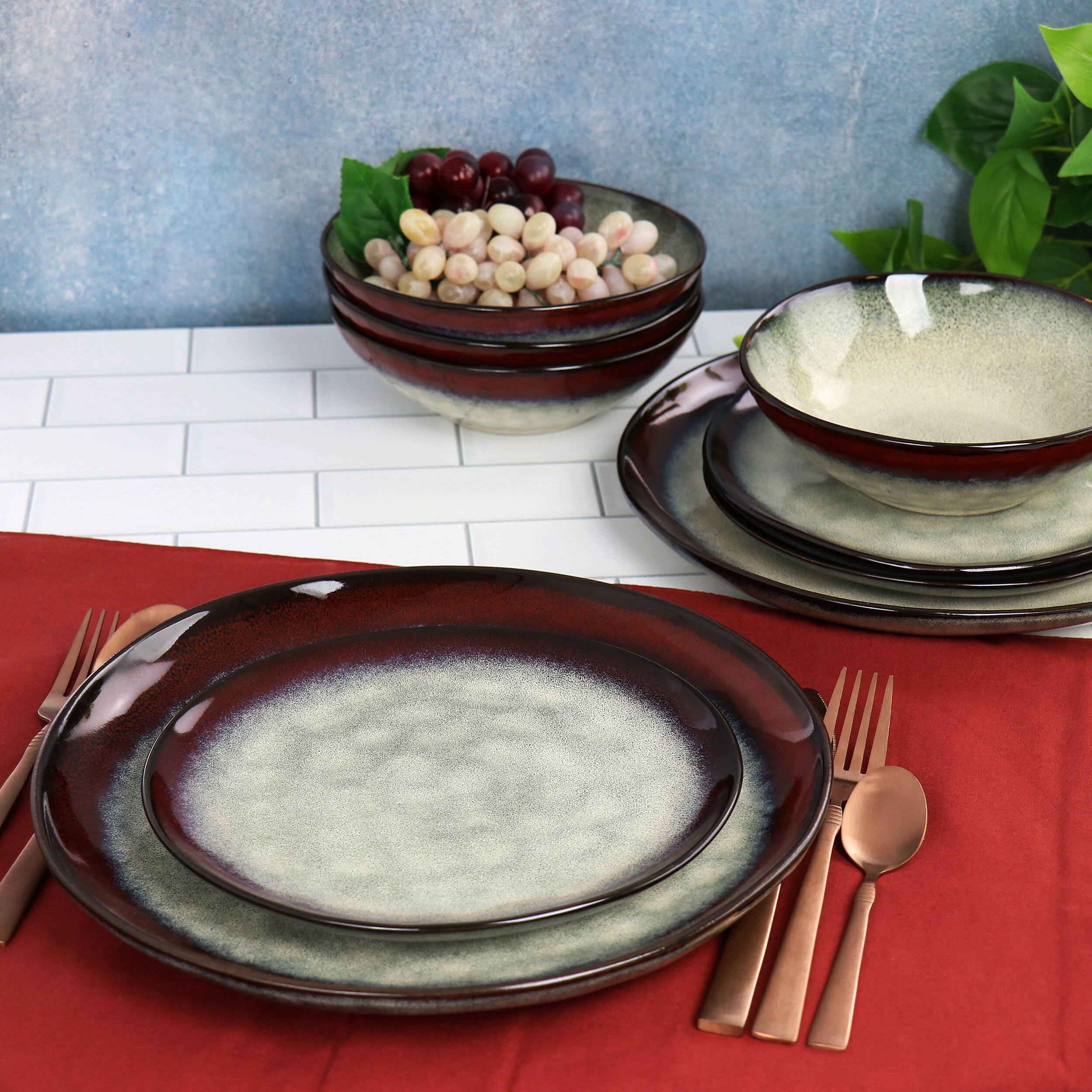 Alt View 7. Elama - Elama Samara 12 Piece Stoneware Dinnerware Set in Red and Off White - Red and Off White.