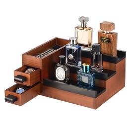 Unique Bargains - 3 Tier Perfume Stand Organizer for Men, Display Shelf with Velvet Lining Drawer and Hidden Compartment - Walnut Black