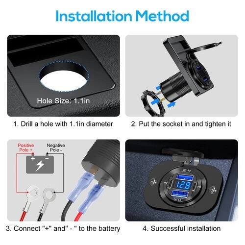 Installation Method

Hole Size: 1.1in

1. Drill a hole with 1.1in diameter
2. Put the socket in and tighten it
3. Connect "+" and "-" to the battery
4. Successful installation

Positive Pole +  
Negative Pole -  

O0 30  
12.8 PO