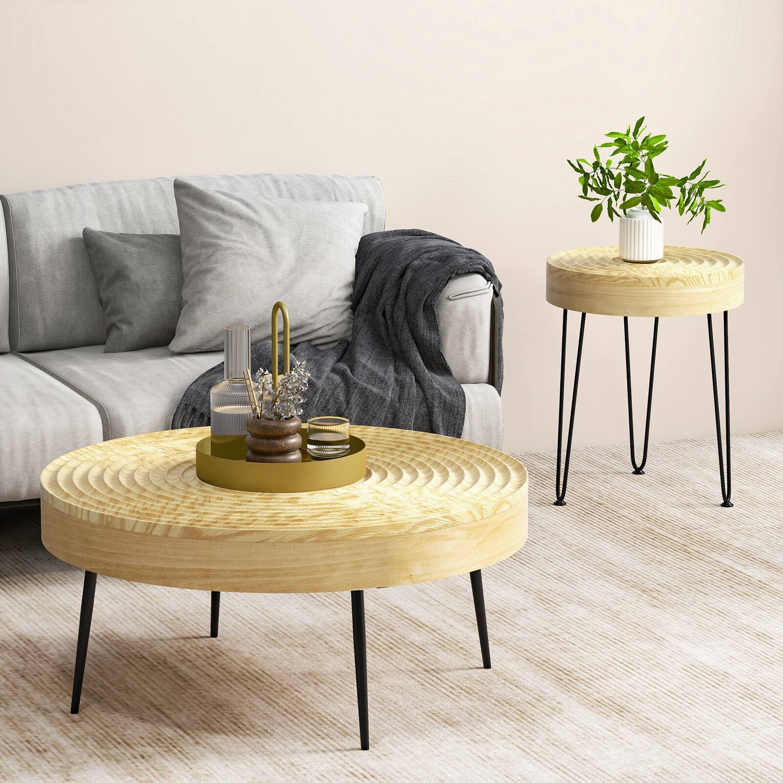 Alt View 7. Ecooso - Set of 2 Solid Wood Ring Pattern Farmhouse Round Coffee Tables - Natural.