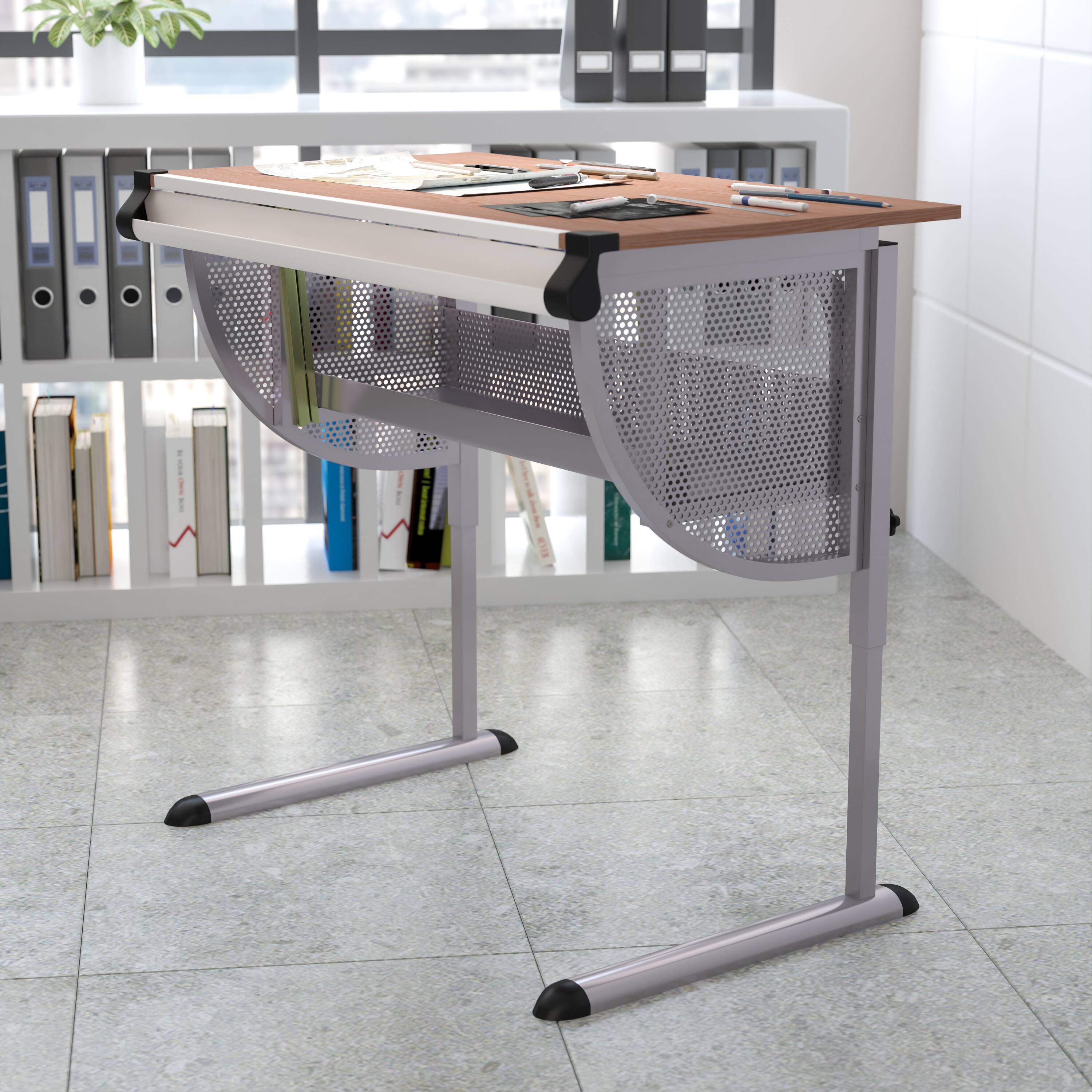 Alt View 1. Emma + Oliver - Adjustable Drawing and Drafting Table with Pewter Frame - Cherry.