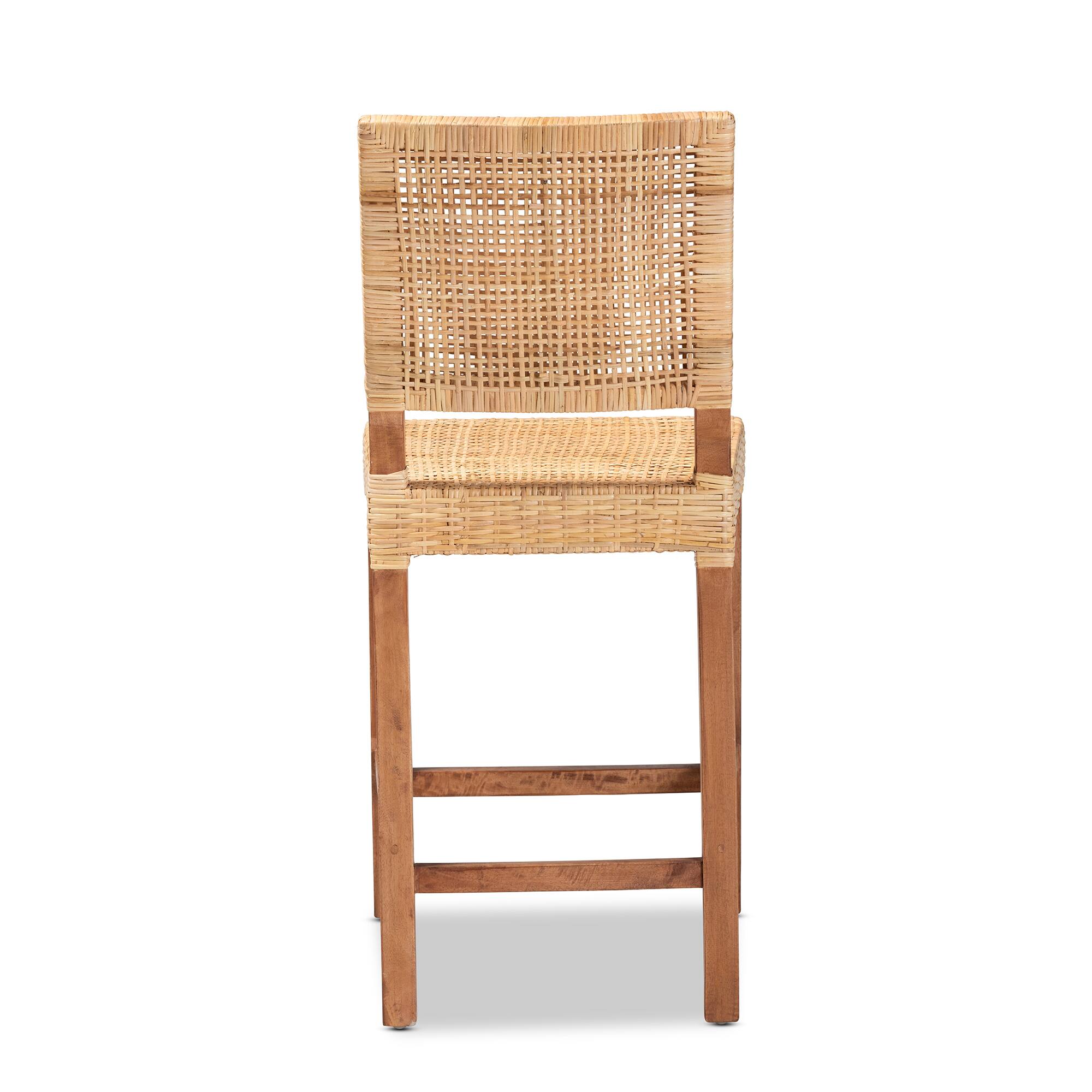 Back. bali & pari - Lesia Modern Bohemian Natural Rattan and Walnut Mahogany Wood Counter Stool - Natural Brown/Walnut Brown.