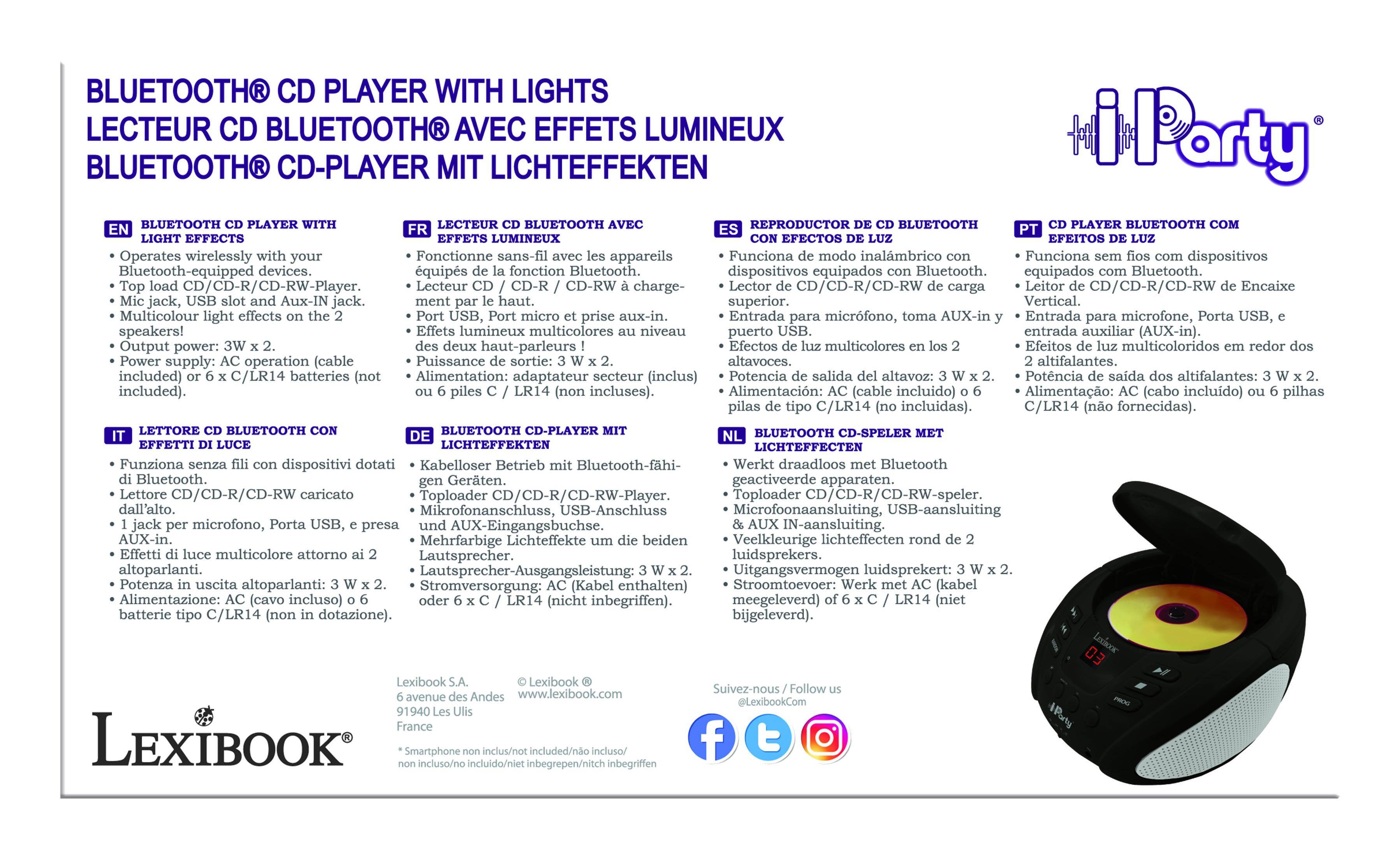 **BLUETOOTH CD PLAYER WITH LIGHTS**

**LECTEUR CD BLUETOOTH AVEC EFFETS LUMINEUX**

**BLUETOOTH CD-PLAYER MIT LICHTEFFEKTE**

**BLUETOOTH CD PLAYER CON EFECTOS DE LUZ**

**BLUETOOTH CD PLAYER MIT LICHTEFFEKTE**

**BLUETOOTH CD PLAYER CON EFETOS DE LUZ**

**BLUETOOTH CD PLAYER CON EFFETTI DI LUCE**

**BLUETOOTH CD PLAYER MIT LICHTEFFEKTE**

**BLUETOOTH CD PLAYER MET LICHTEFFEKTE**

**BLUETOOTH CD PLAYER CON EFETOS DE LUZ**

**BLUETOOTH CD PLAYER CON EFETOS DE LUZ**

**BLUETOOTH CD PLAYER CON EFETOS DE LUZ**

**BLUETOOTH CD PLAYER CON EFETOS DE LUZ**

**BLUETOOTH CD PLAYER CON EFETOS DE LUZ**

**BLUETOOTH CD PLAYER CON EFETOS DE LUZ**

**BLUETOOTH CD PLAYER CON EFETOS DE LUZ**

**BLUETOOTH CD PLAYER CON EFETOS DE LUZ**

**BLUETOOTH CD
