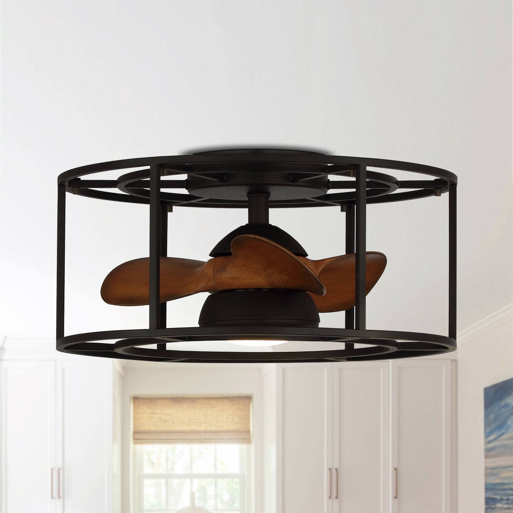 Back. Parrot Uncle - 20" Industrial Metal Caged Low Profile Ceiling Fan with Light - Matte Black.