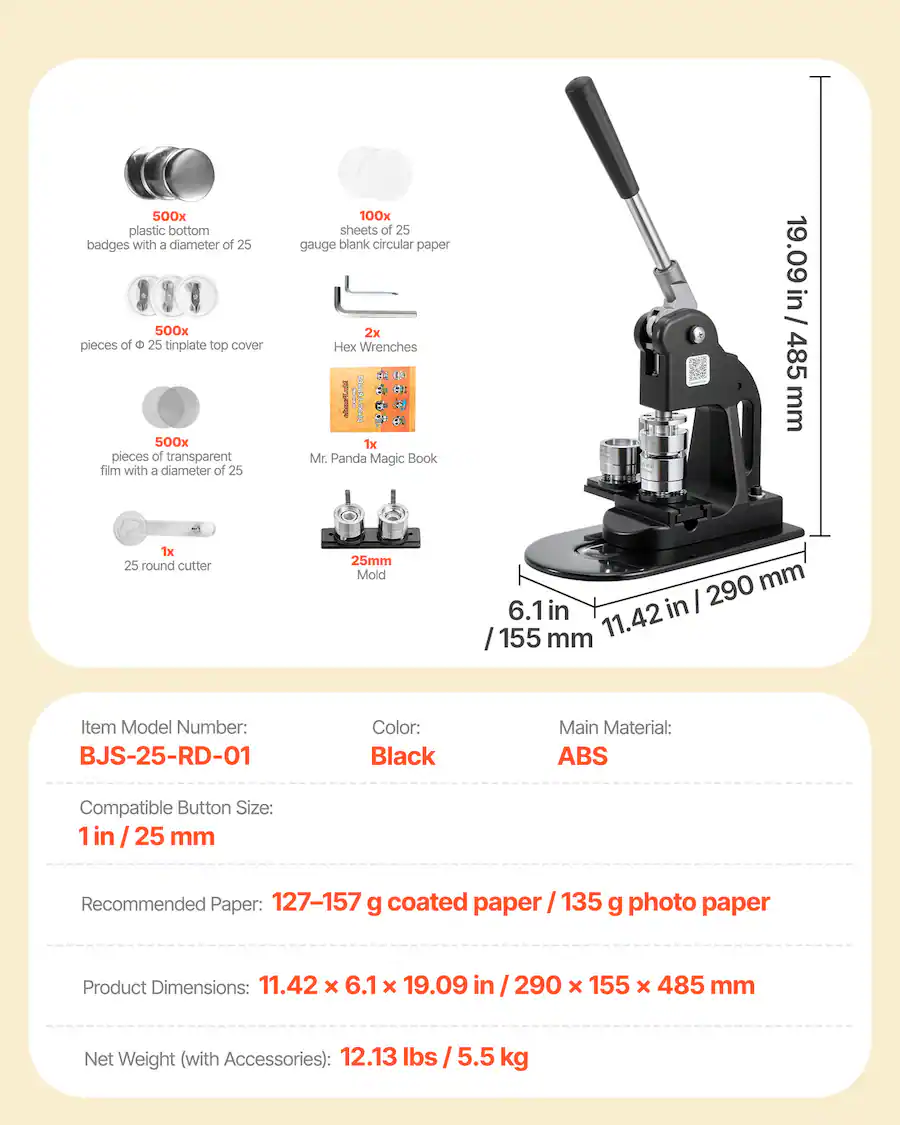 VEVOR Button Maker Machine, 1 in, Pin Maker Machine with 500pcs Button ...