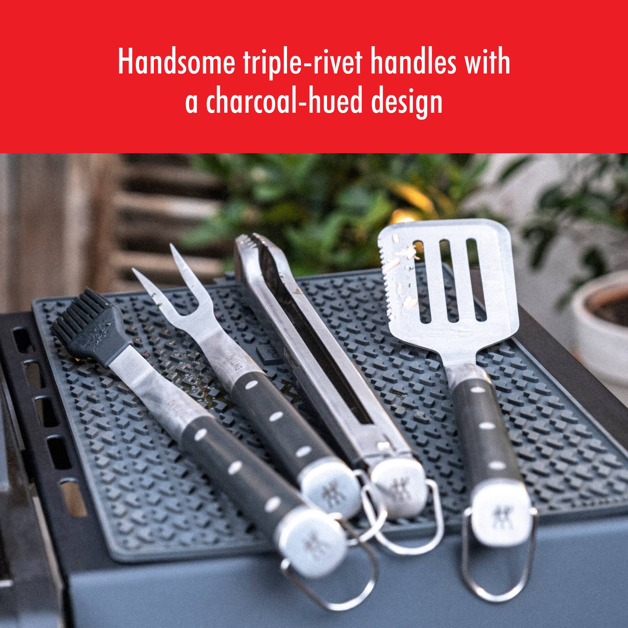 Handsome triple-rivet handles with a charcoal-hued design