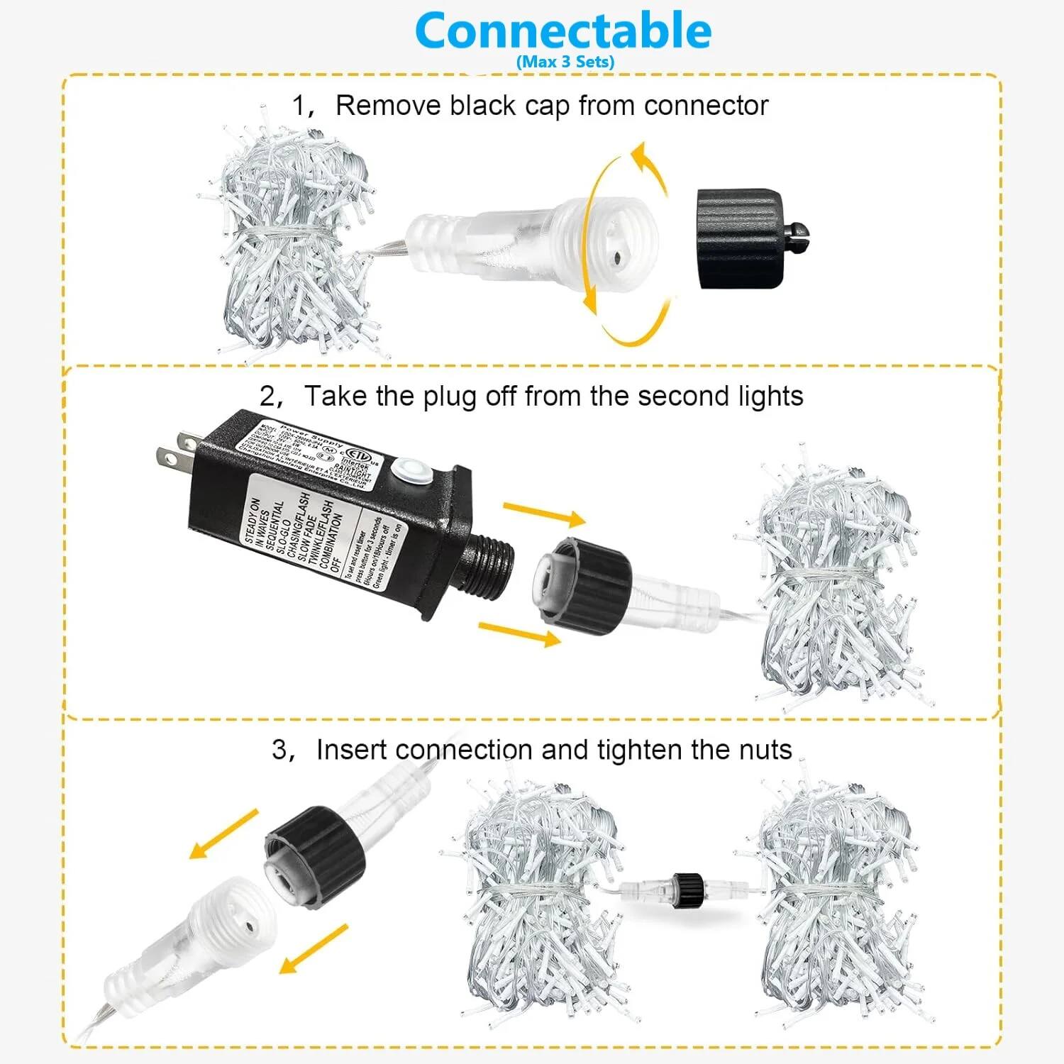 Connectable (Max 3 Sets)

1. Remove black cap from connector
2. Take the plug off from the second lights
3. Insert connection and tighten the nuts