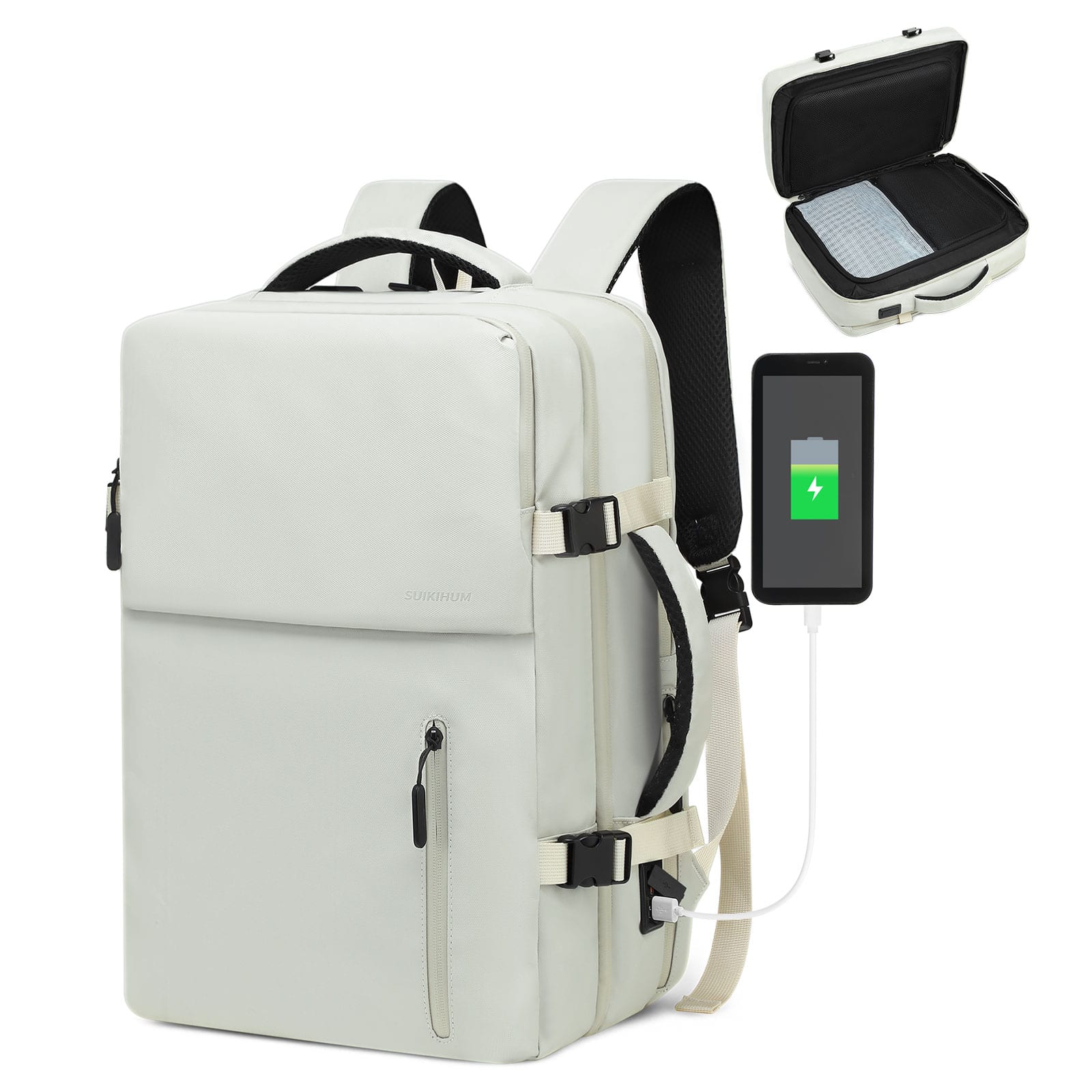 Unique Bargains - Lay Flat Carry on Travel Backpack, 30L Airline Approved, Fits 16" Laptop, USB-C & USB-A, Water Resistant - Beige