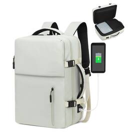 Unique Bargains - Lay Flat Carry on Travel Backpack, 30L Airline Approved, Fits 16" Laptop, USB-C & USB-A, Water Resistant - Beige