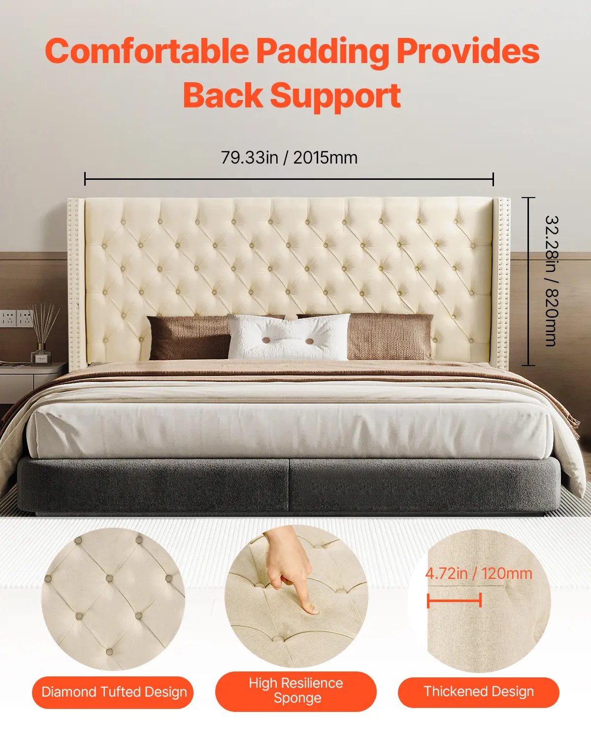 Comfortable Padding Provides Back Support

79.33in / 2015mm

32.28in / 820mm

4.72in / 120mm

Diamond Tufted Design

High Resilience Sponge

Thickened Design