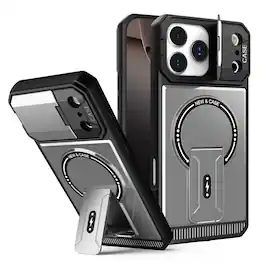 Dteck - Magnetic Case for Apple iPhone 17 Pro, Shockproof Lens Stand Hybrid Hard PC TPU Rugged Cover - Gray