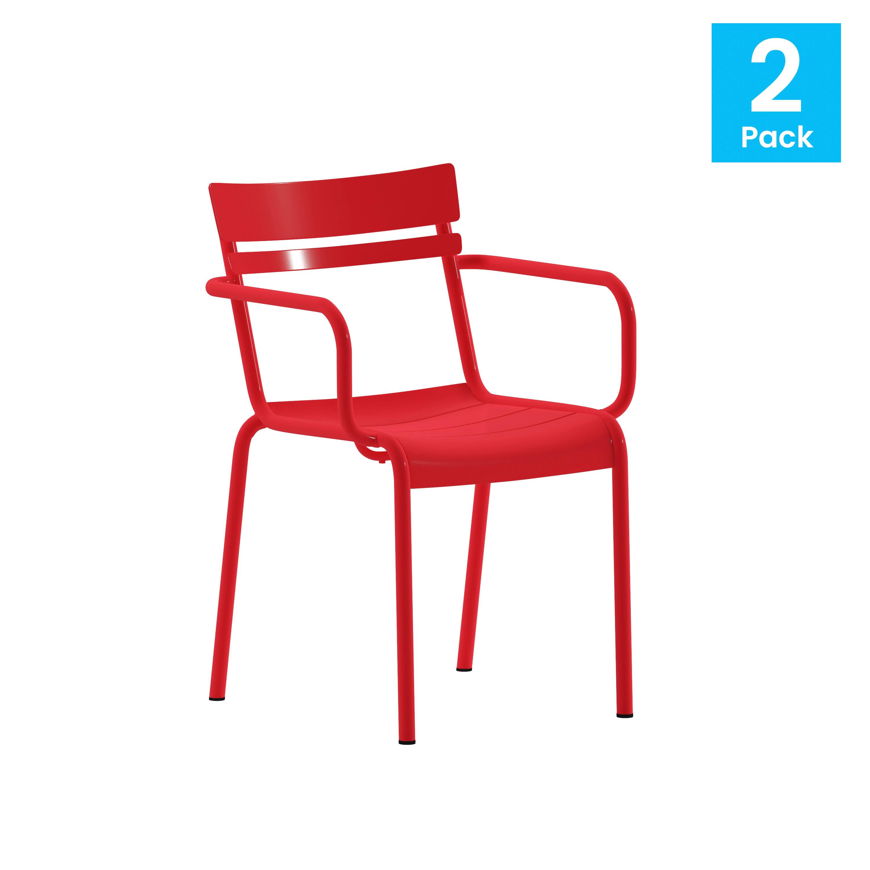 Alt View 2. Emma + Oliver - Rennes Powder Coated Steel Stacking Dining Chair with Arms and 2 Slat Back for Indoor-Outdoor Use - Red.