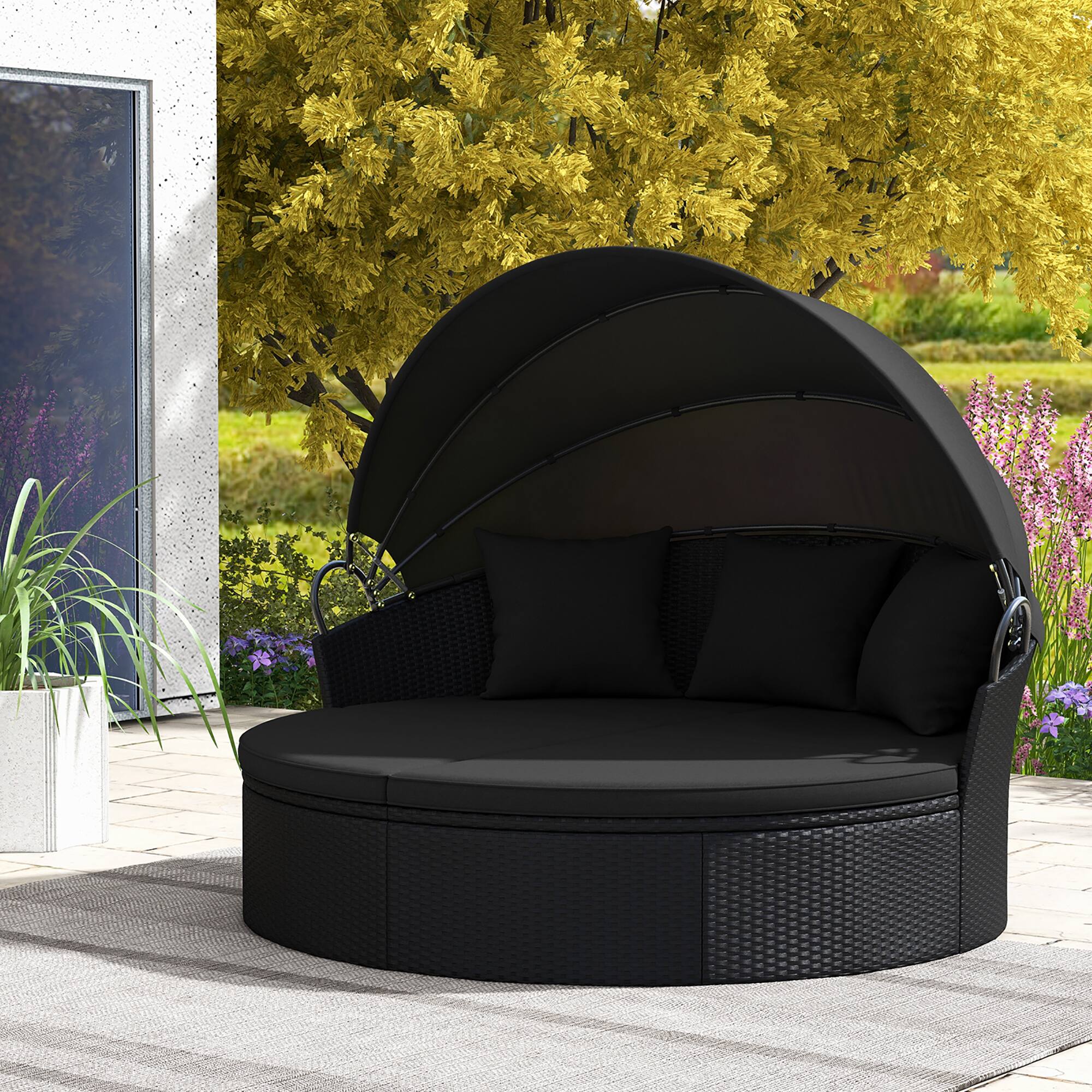 Alt View 1. Gymax - Gymax Patio Round Daybed Wicker Daybed w/ Retractable Canopy Separated Seating Sectional Sofa Black - Black.