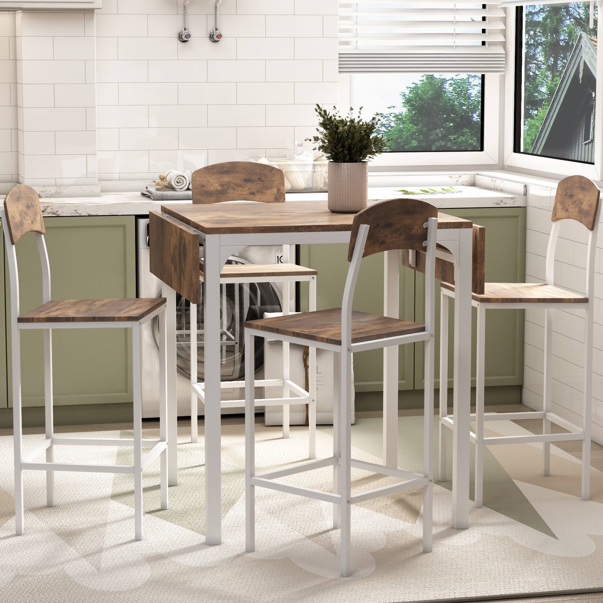 Angle. APRILSOUL - Farmhouse 5-piece Counter Height Drop Leaf Dining Table Set with Dining Chairs for 4 White Frame+ Rustic Brown Tabletop - Rustic Brown.